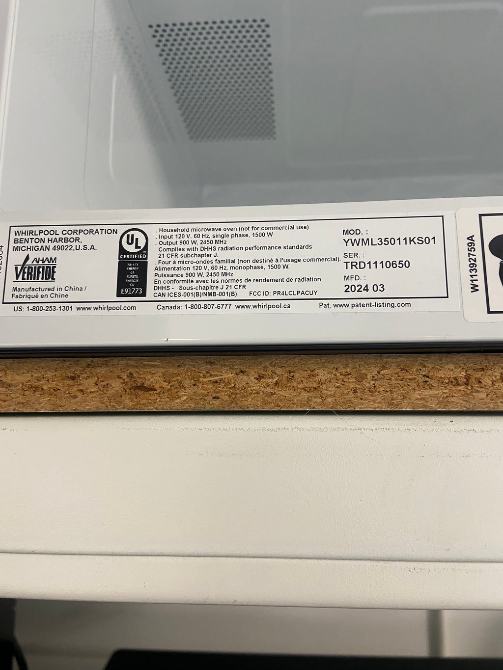 Stainless 30” Whirlpool YWML35011KS01 OTR Microwave, Low profile, 1.1 cu ft,  "Brand New"