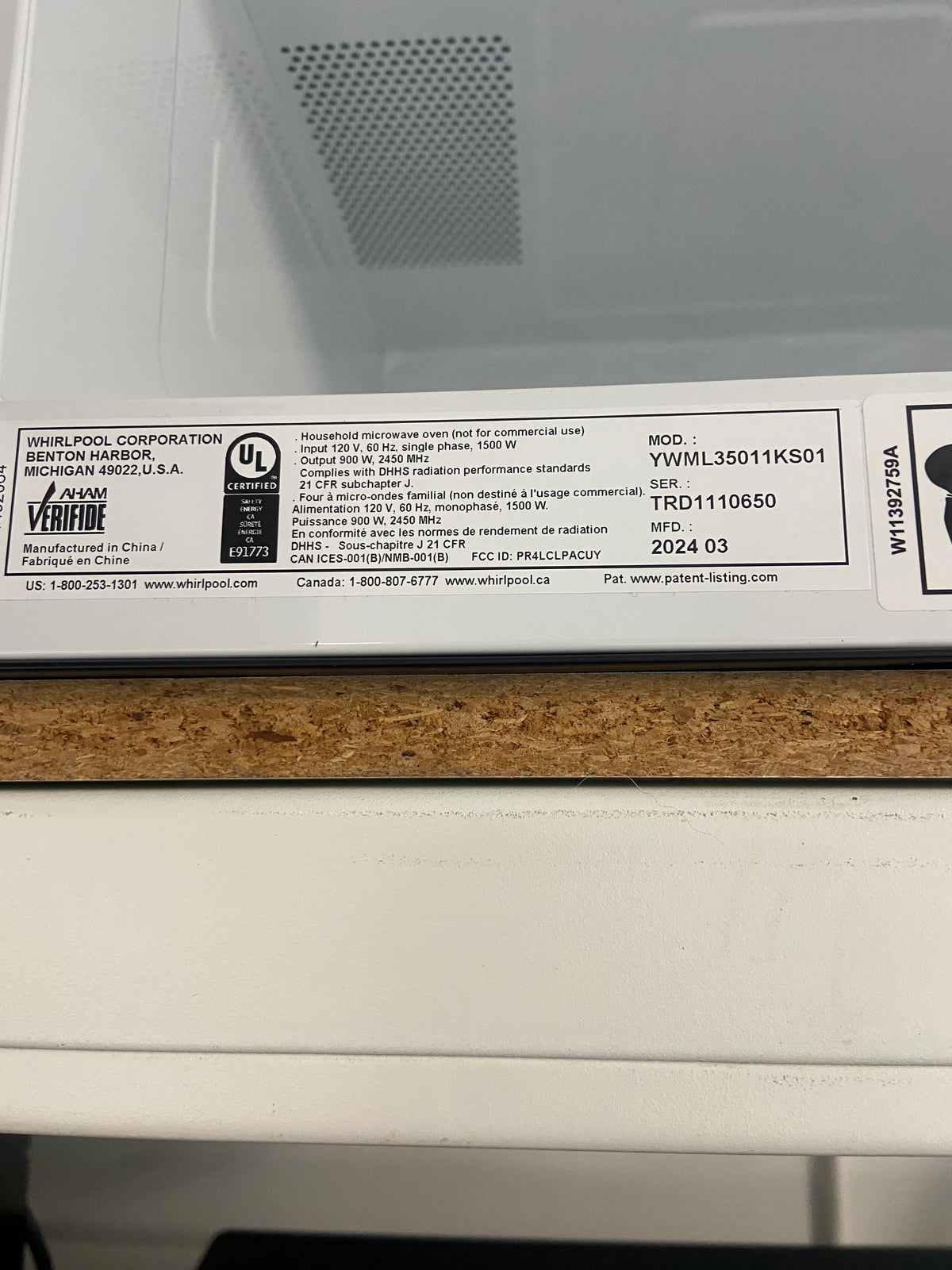 Stainless 30” Whirlpool YWML35011KS01 OTR Microwave, Low profile, 1.1 cu ft,  "Brand New"