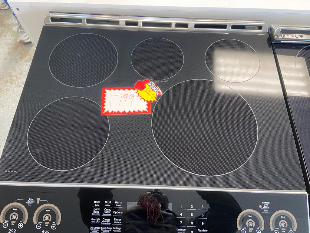 GE Profile Induction Range, 5.3 cu. ft. Capacity, 30 inch Exterior Width, True Convection, 5 Burners, Storage Drawer, Yes, Self Clean, 3,700 W Highest Element, Stainless Steel colour True European Convection, Self Clean Racks, Temperature Probe