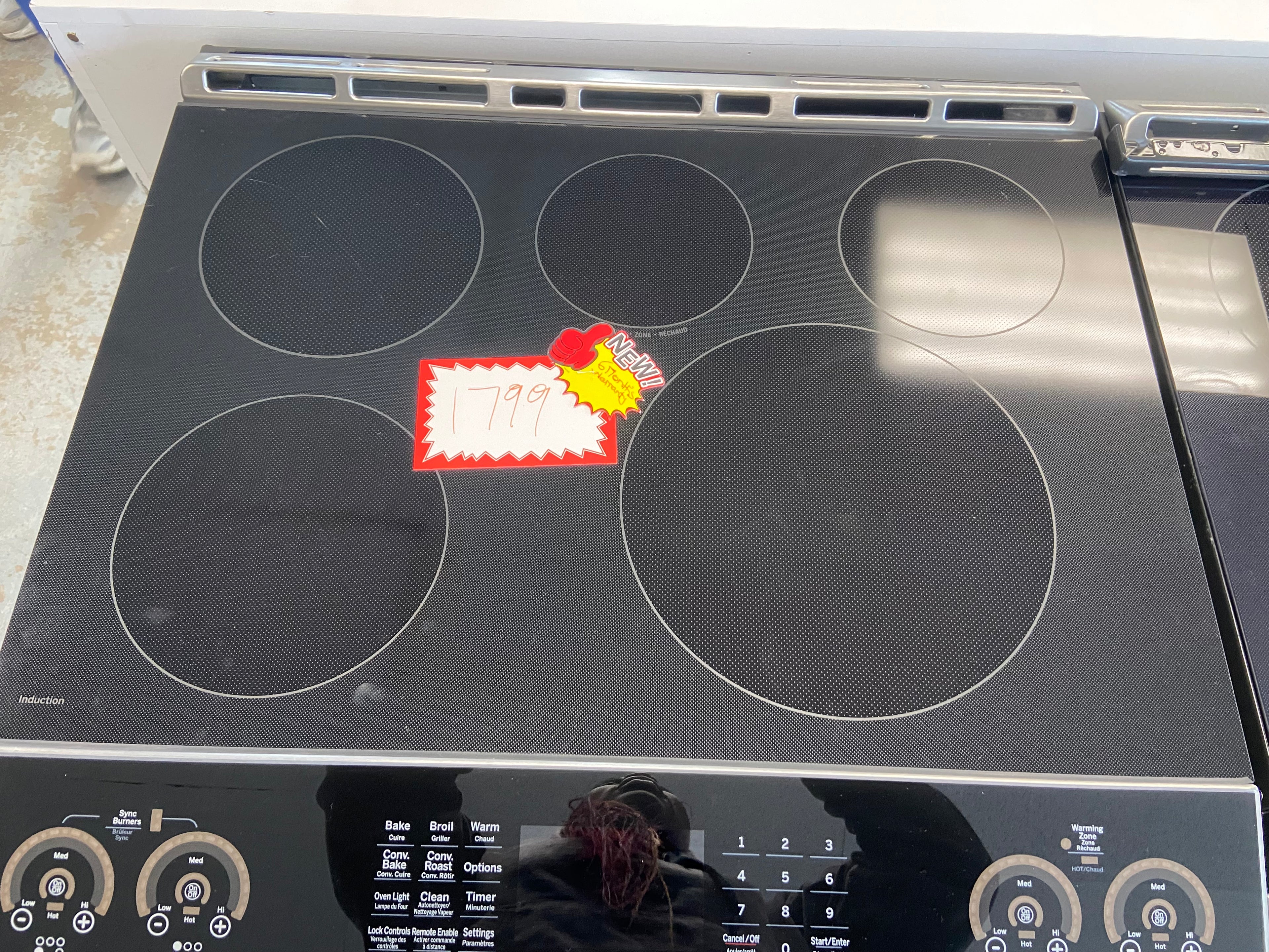 GE Profile Induction Range, 5.3 cu. ft. Capacity, 30 inch Exterior Width, True Convection, 5 Burners, Storage Drawer, Yes, Self Clean, 3,700 W Highest Element, Stainless Steel colour True European Convection, Self Clean Racks, Temperature Probe