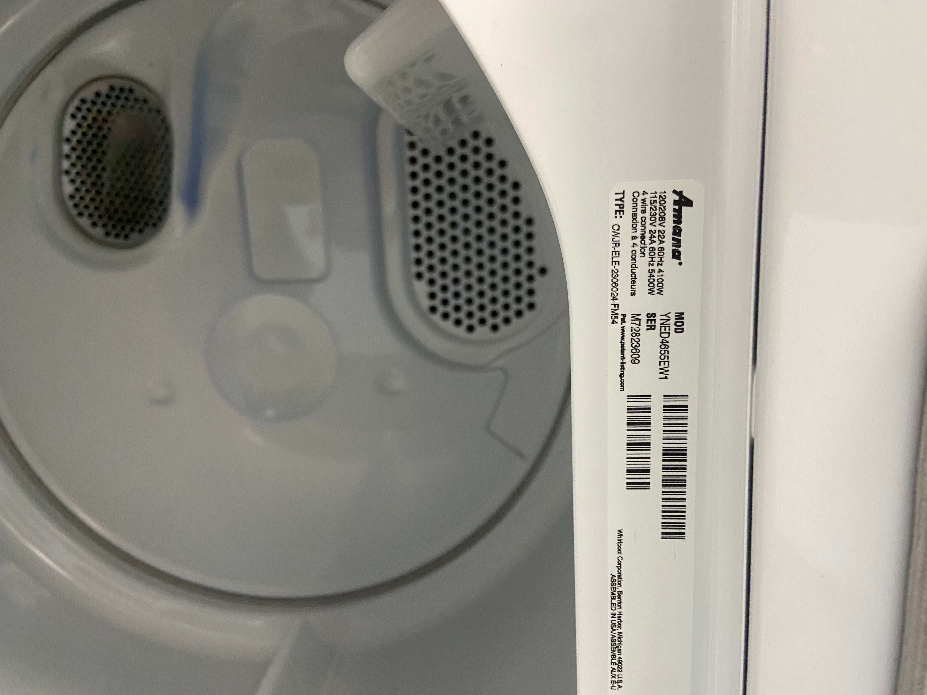 Amana YNED4655EW1 Electric Dryer, 6.5 cu. ft. Dryer Capacity, 11 Dry Cycles, 3 Temperature Settings, Vented, White colour