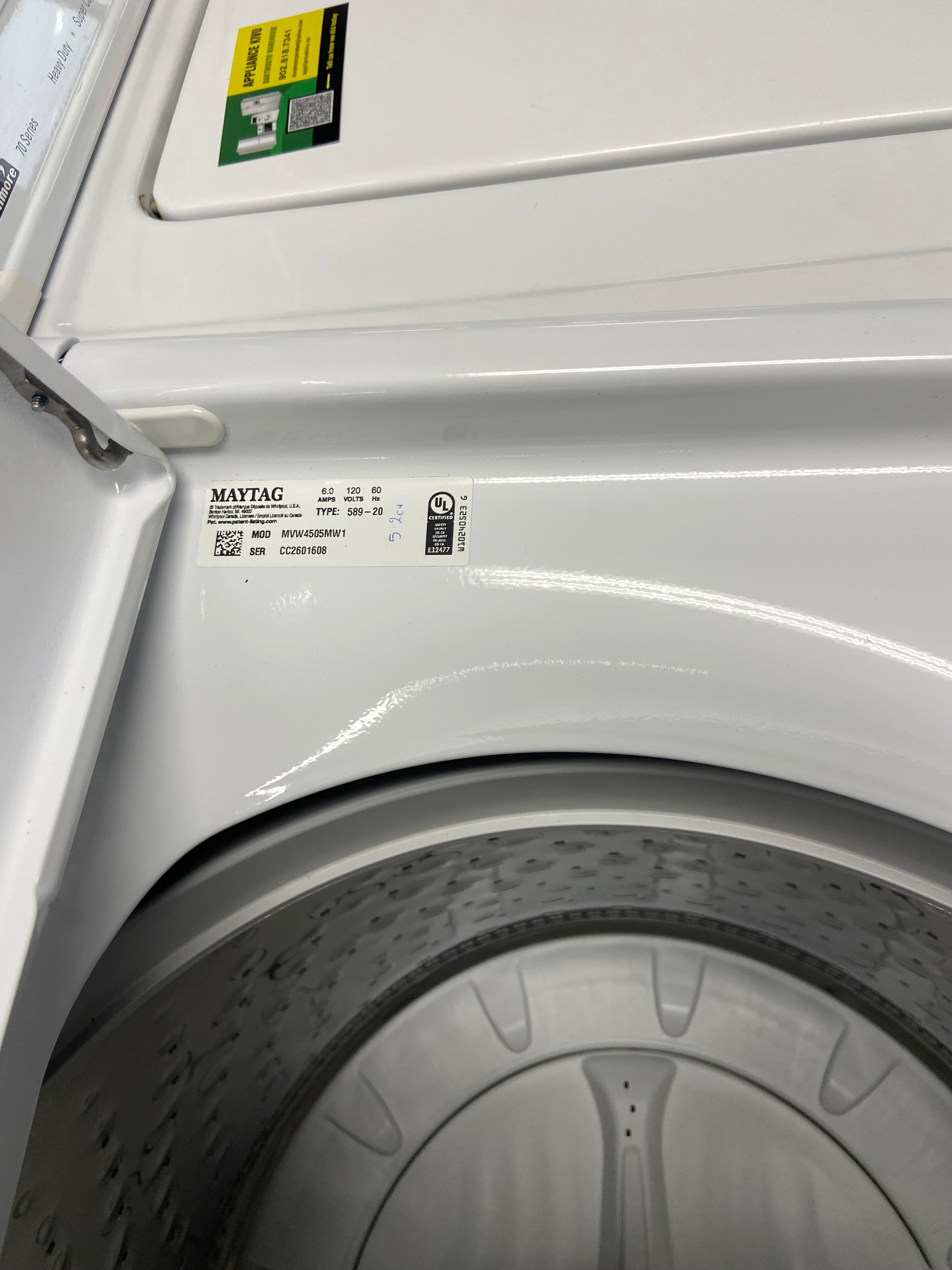 Maytag MVW4505MW1 Top Load Washer, 28 inch Width, 5.2 cu. ft. Washer Capacity, 770 RPM Washer Spin Speed, 11 Wash Cycles, 5 Temperature Settings, White colour Contains Agitator