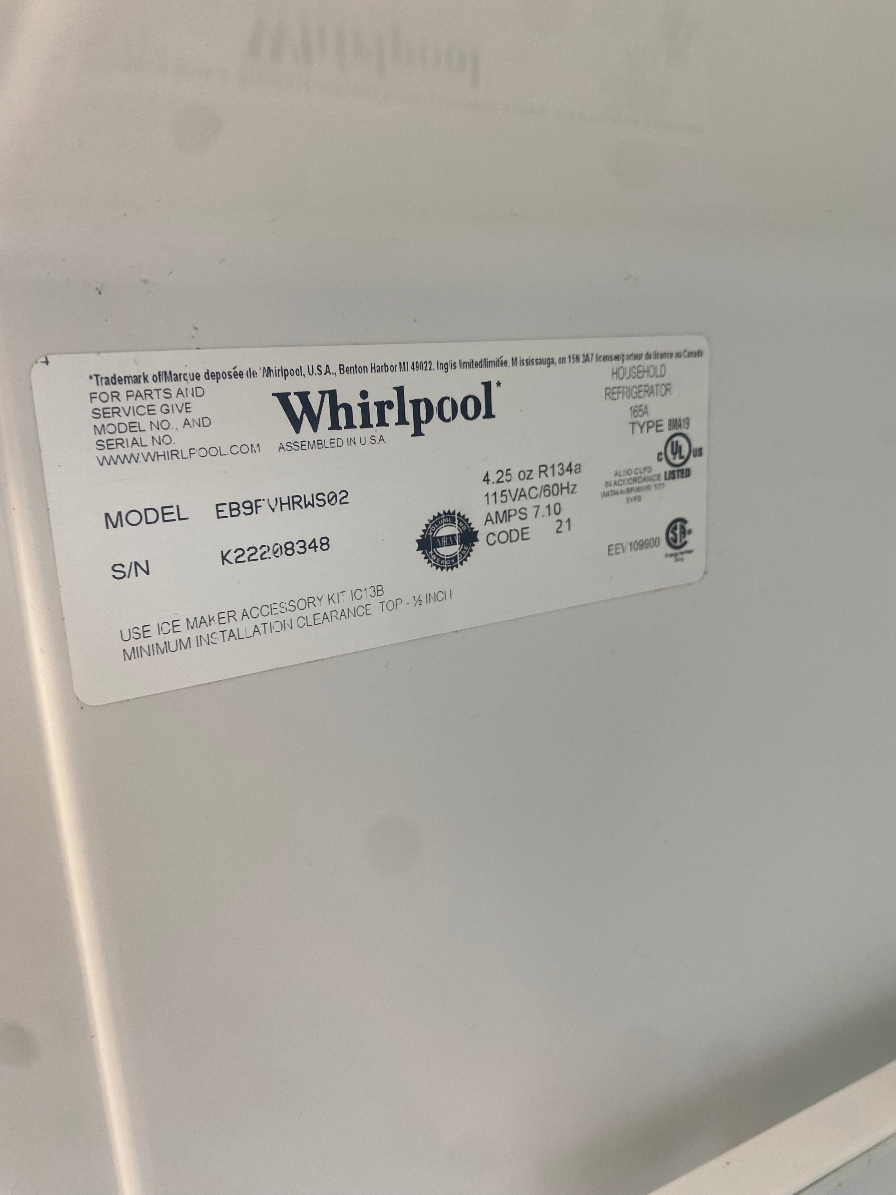 Stainless steel 30” bottom mount Whirlpool Fridge used