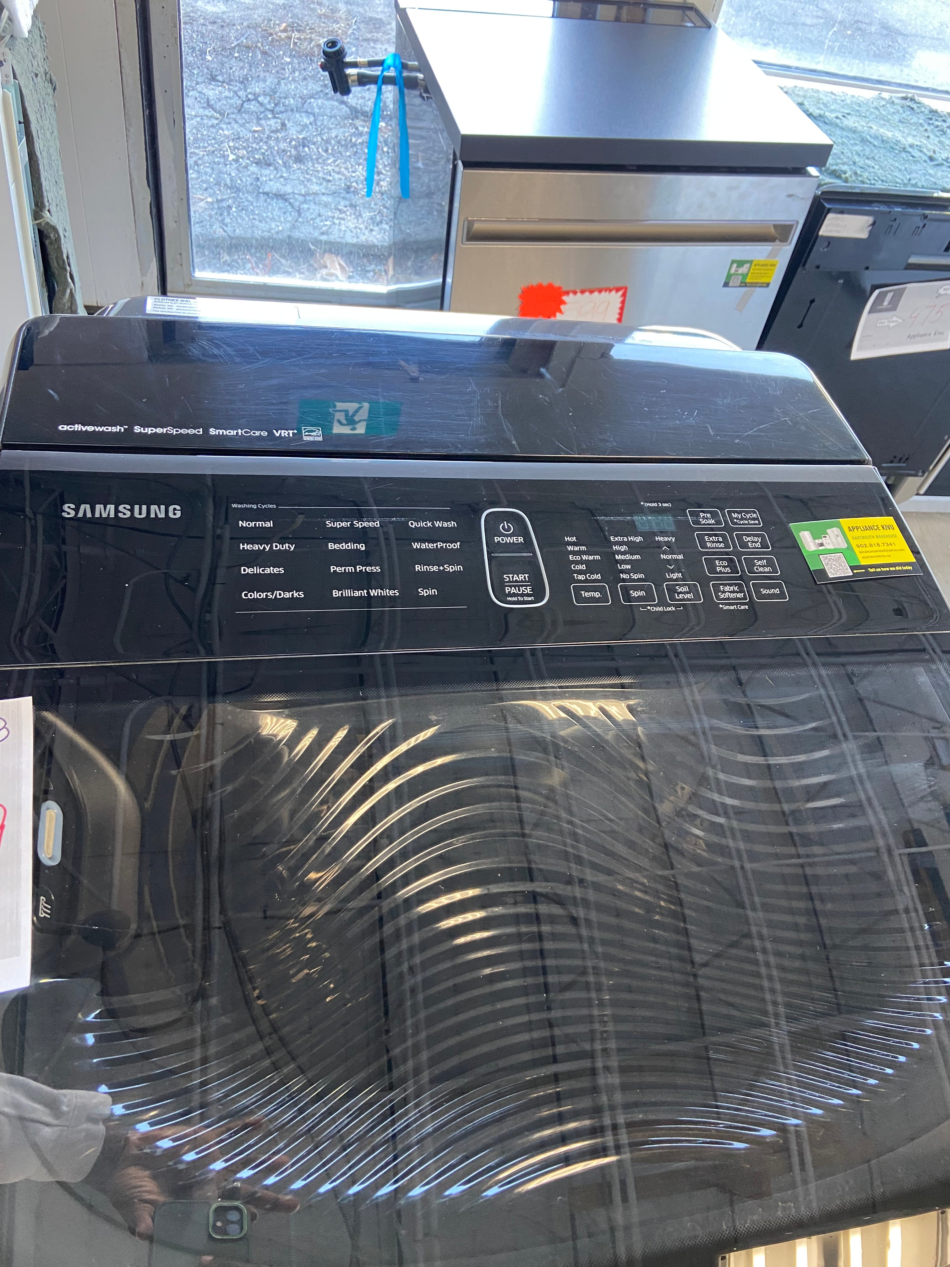 Samsung DV50K8600EV Dryer, Vented, 12 Dry Cycles, Steam Clean, 5 Temperature Settings, Samsung WA50K8600AV Top Load Washer, 1,100 RPM Washer Spin Speed, 12 Wash Cycles, Black Stainless Steel colour
