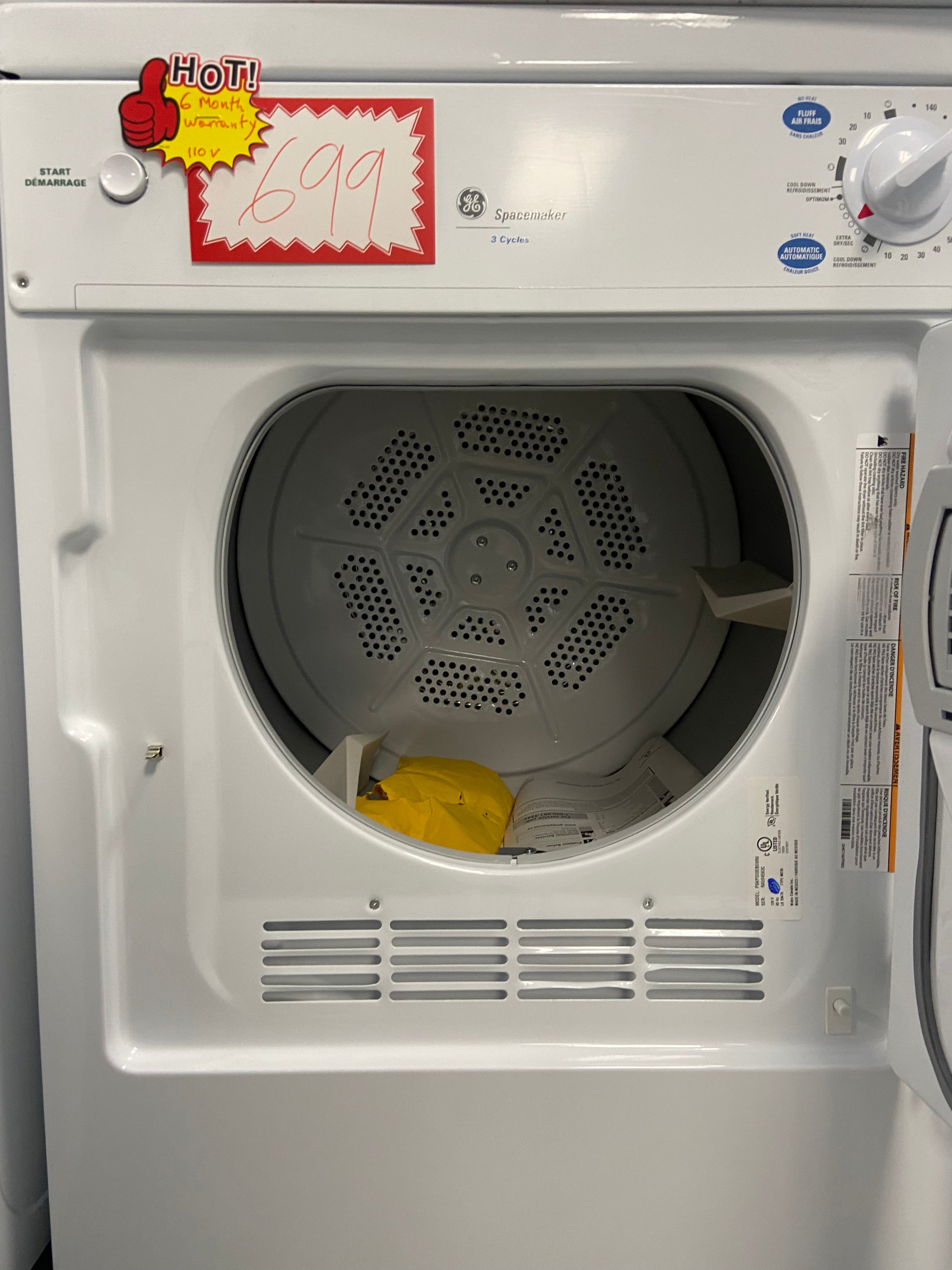 GE PSKP333EB6WW Electric Dryer, 3.6 cu. ft. Dryer Capacity, 3 Dry Cycles, 3 Temperature Settings, Vented, White colour 120 Volts