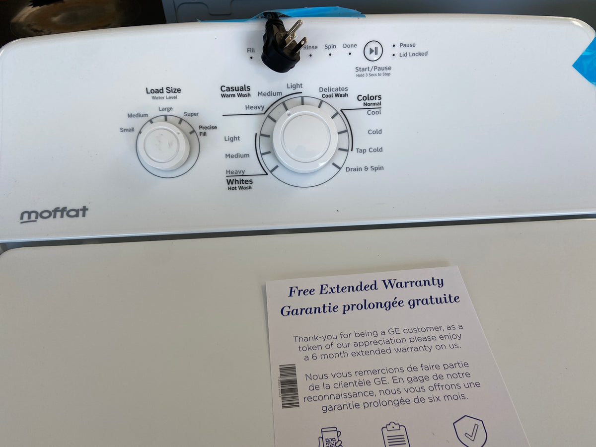 Moffat White top load washer, “Brand New”, 1 year factory warranty.
