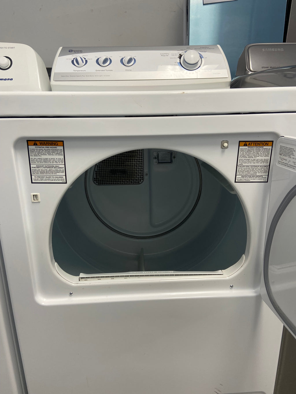 White 27” Maytag PYET444AZW Dryer with warranty