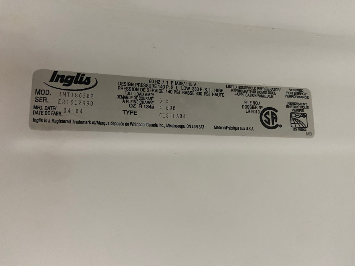 White 30” Inglis IMT186302 Fridge (Refurbished)