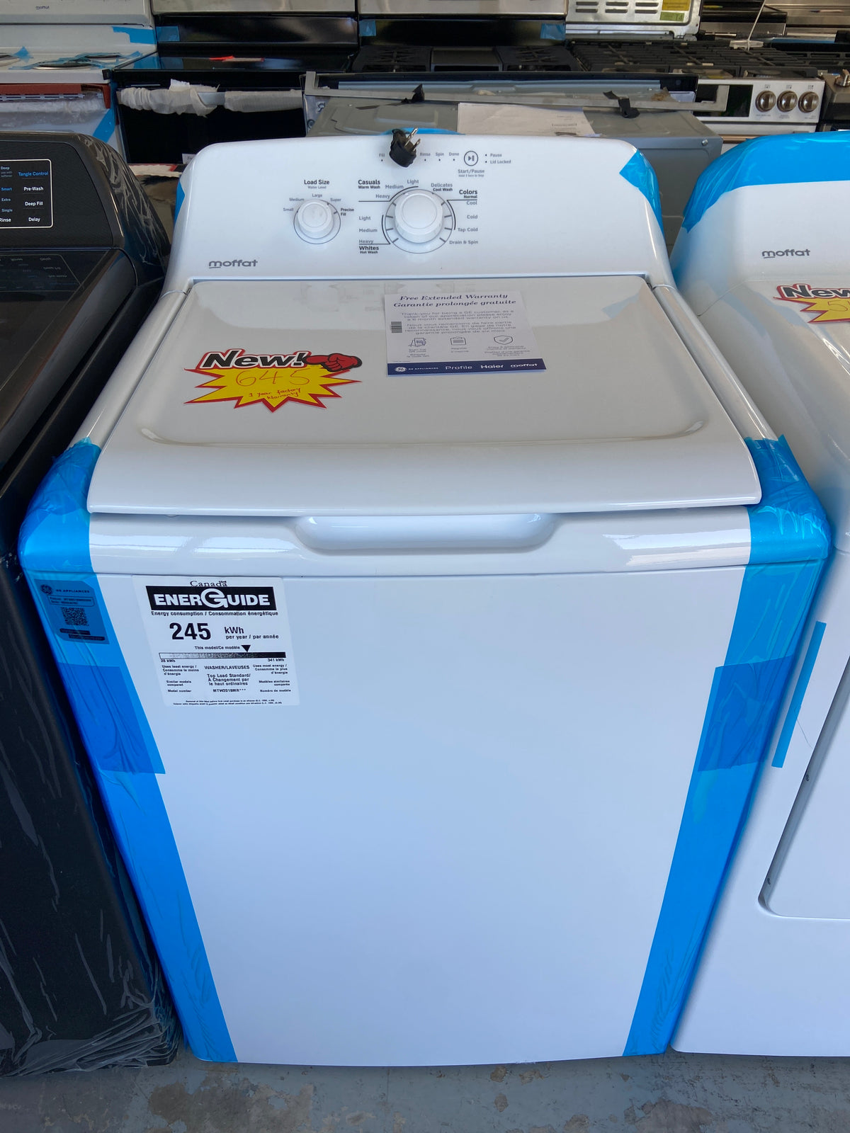 Moffat White top load washer, “Brand New”, 1 year factory warranty.