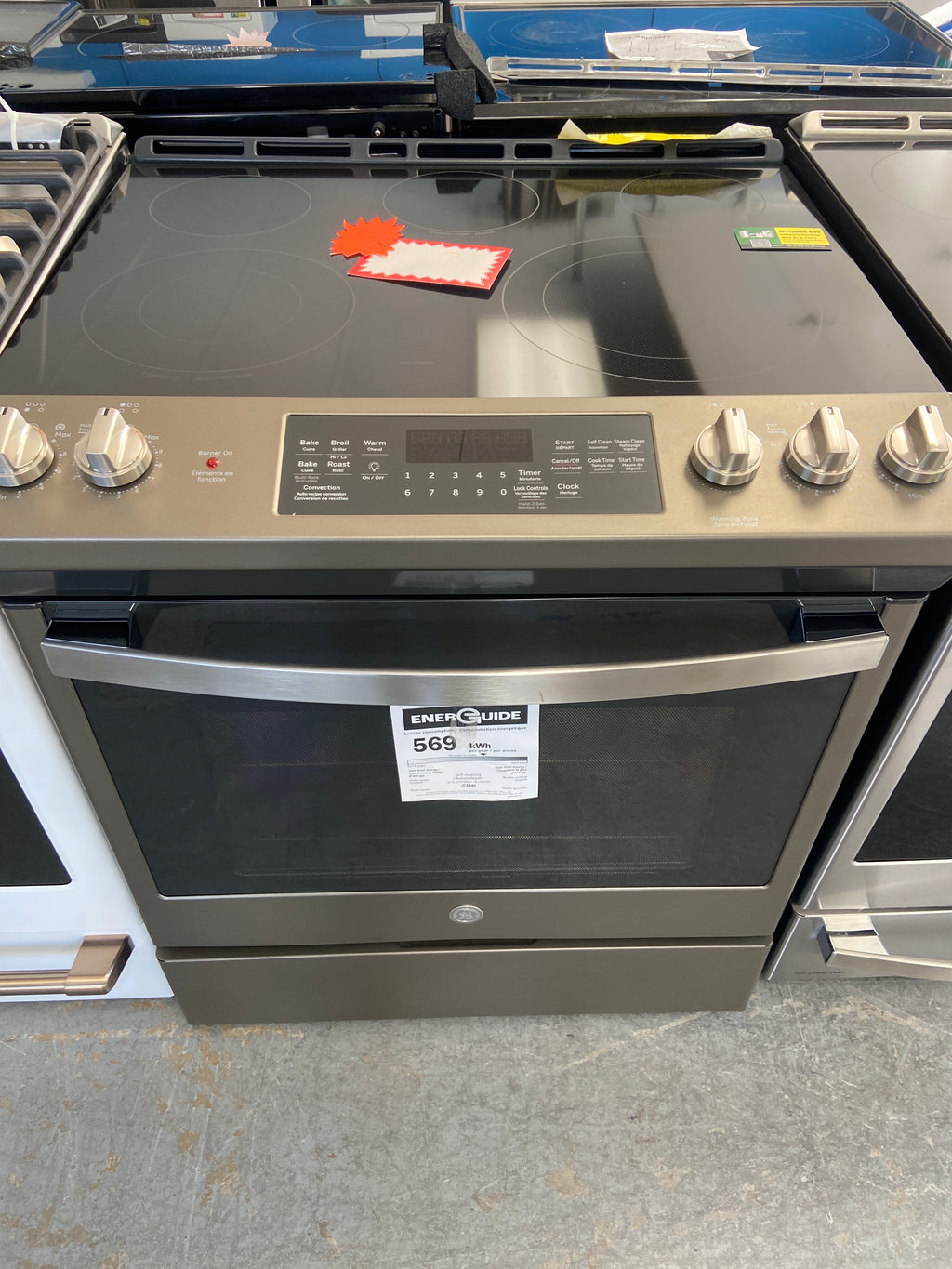 GE stainless slide in stove, JCS840EM5ES, Open Box, 6 Months Warranty