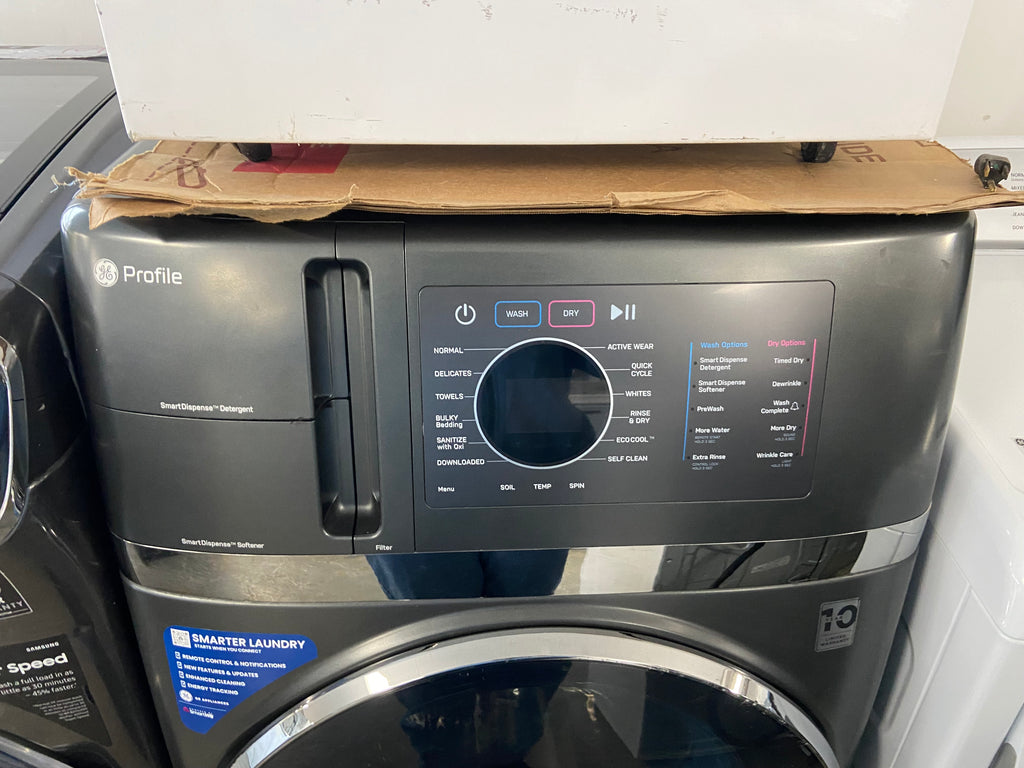 GE Profile PFQ97HSPV0DS All-in-One Washer Dryer Combo Electric Dryer, 28 inch Width, 5.5 cu. ft. Dryer Capacity, 5.5 cu. ft. Washer Capacity, 14 Dry Cycles, Steam Clean, 5 Temperature Settings, 12 Wash Cycles, 1,300 RPM Washer Spin Speed, Water Heater