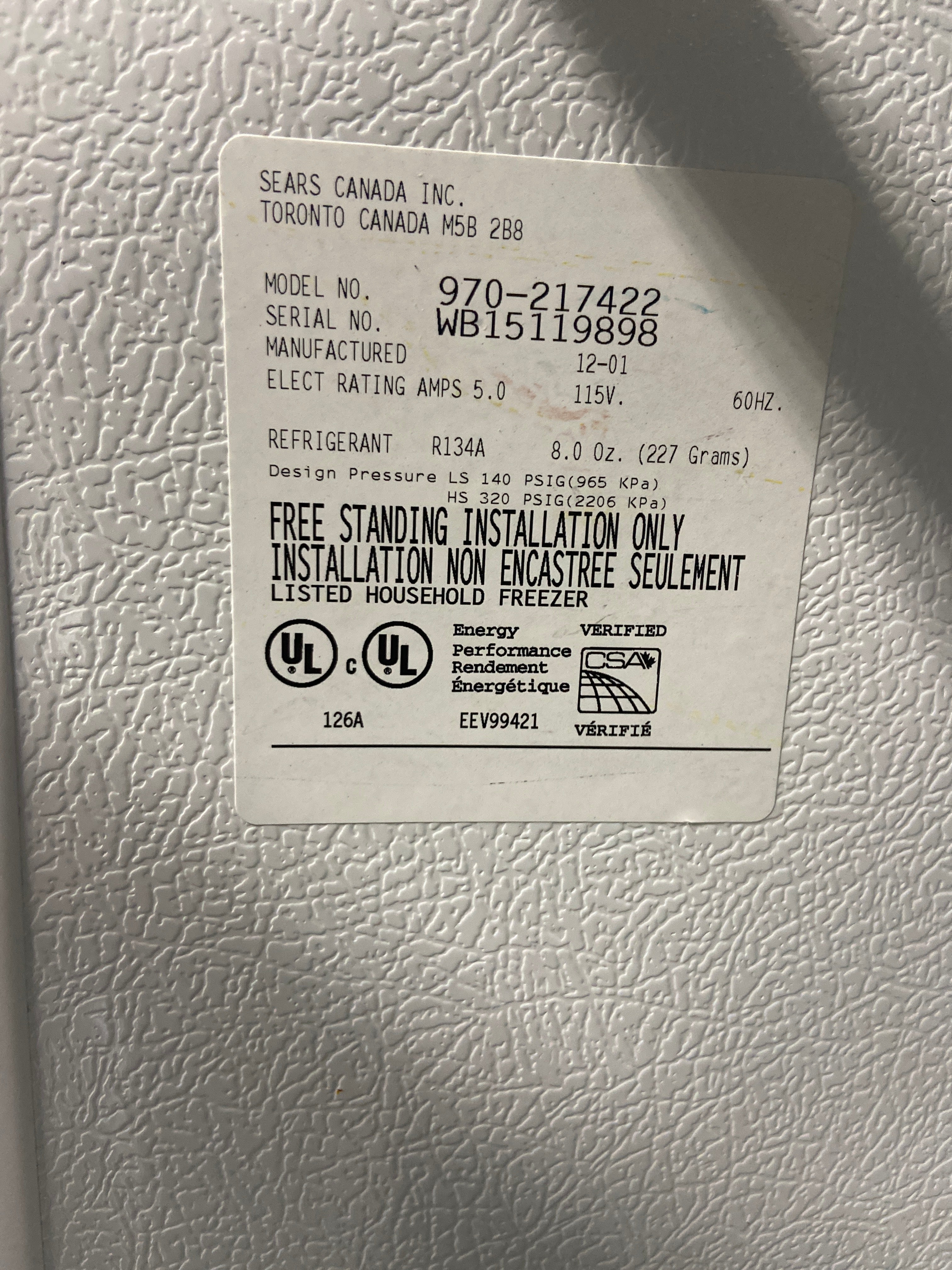 Kenmore Upright Freezer - White (970-217422)