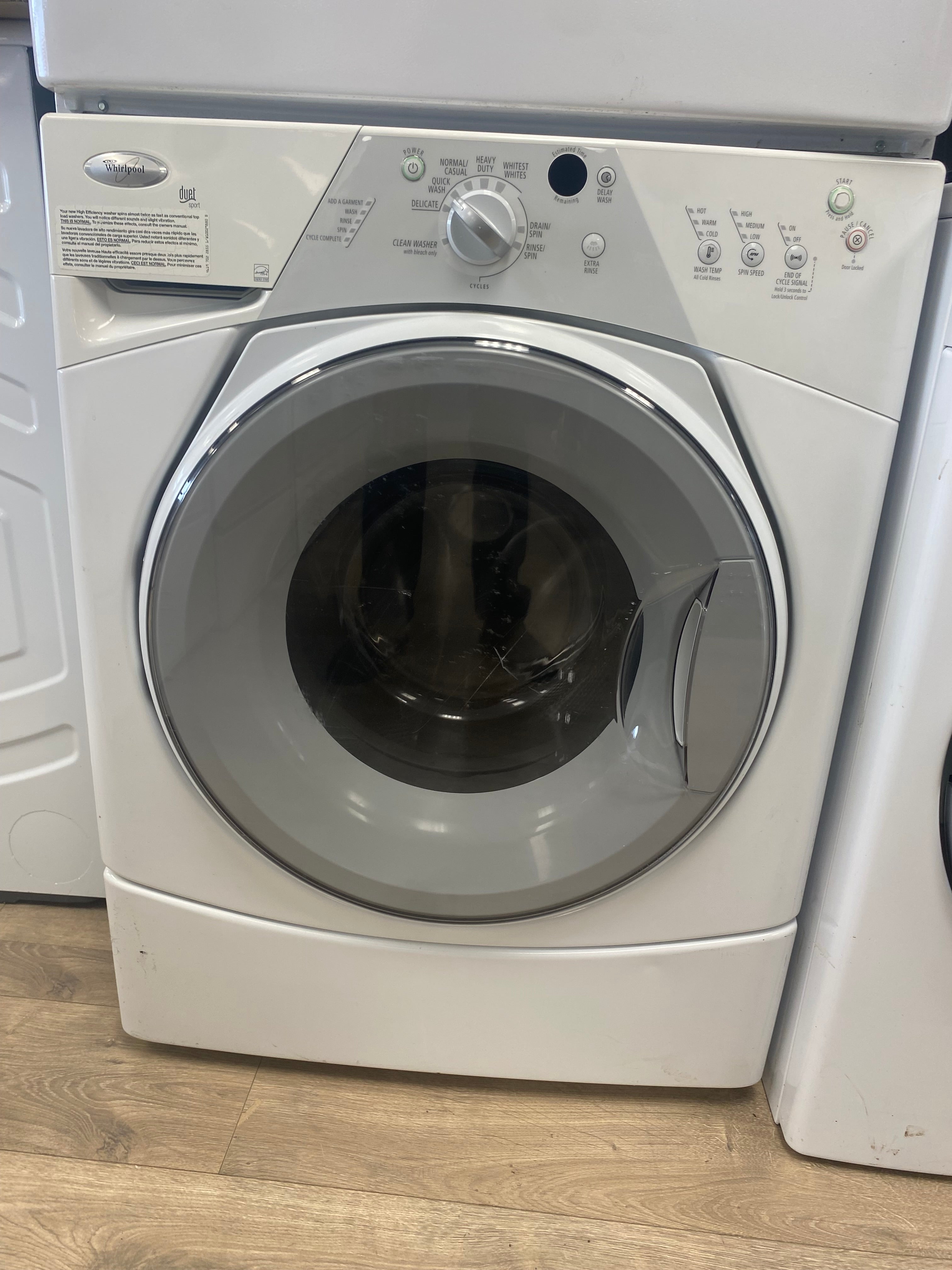 White 27" Whirlpool stackable 3.4 cuft washer and 4.6cuft dryer "refurbished"