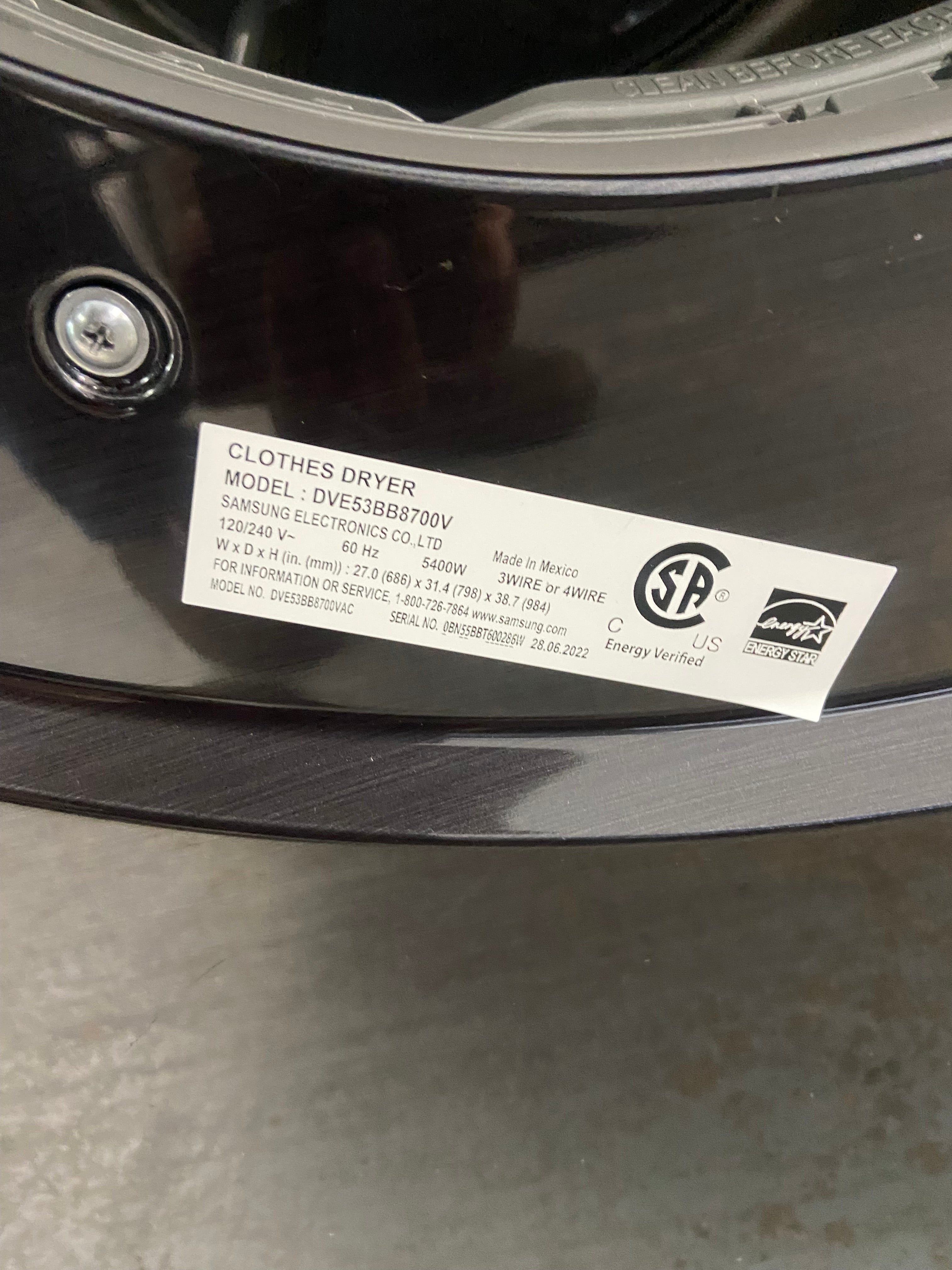 Black Stainless Steel Samsung 7.6 Cu. Ft. Electric Dryer with Steam  - Stackable - DVE53BB8700VAC Dryer (refurbished)