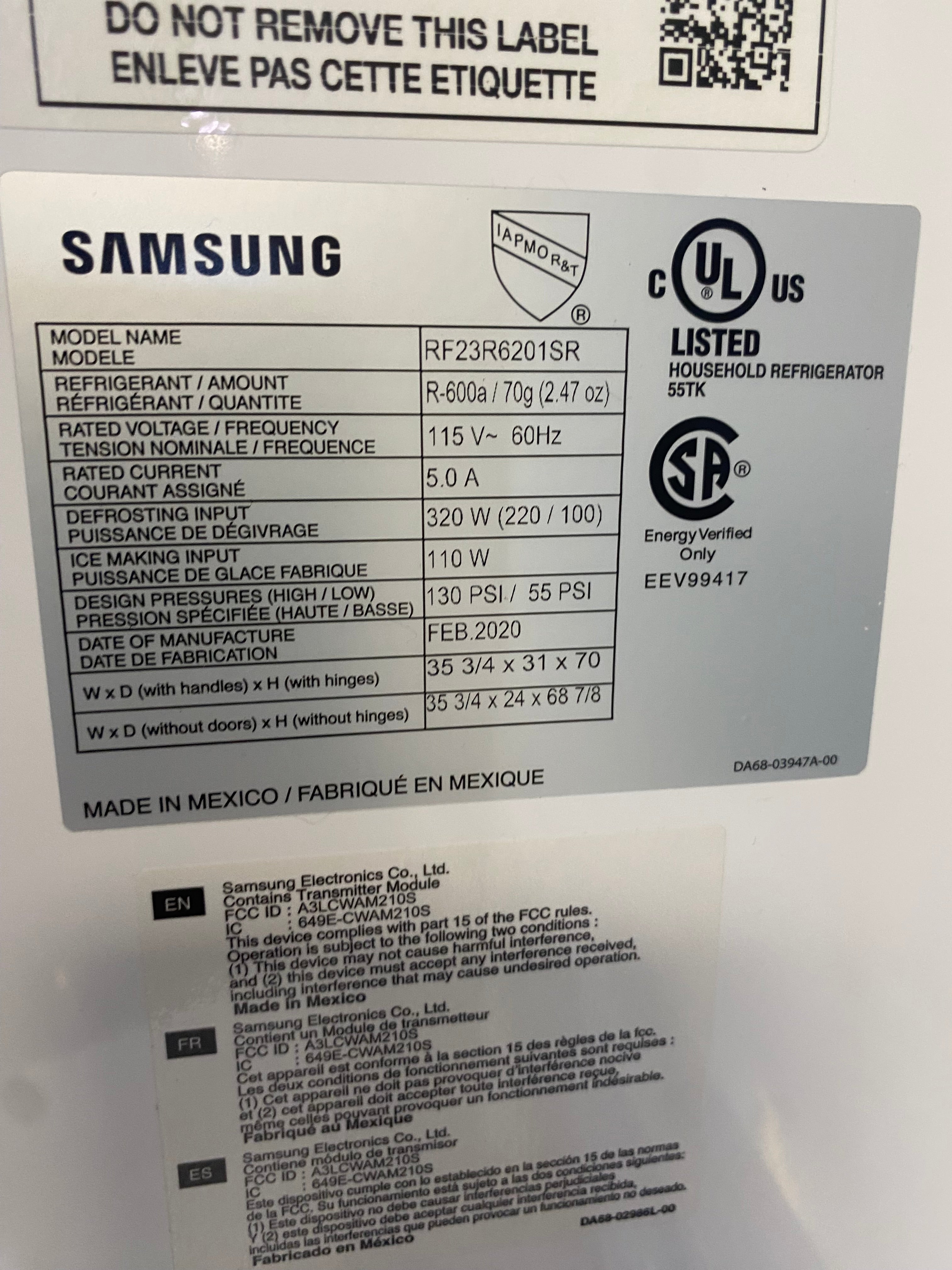 36 inch Samsung stainless steel French door fridge counter depth RF23R6201SR ( no ice maker)
