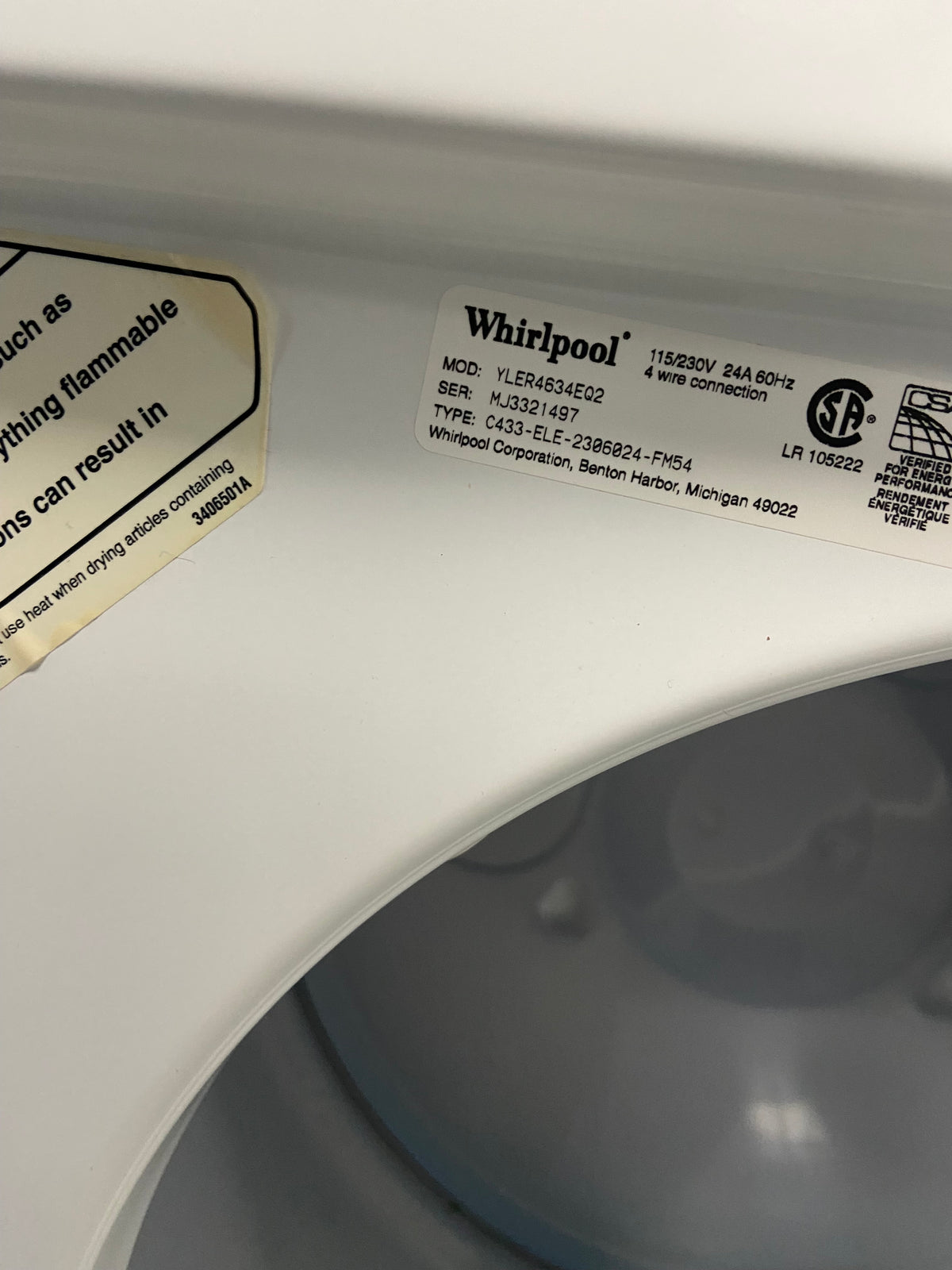 White 27” Whirlpool YLER4634EQ2 Dryer (Refurbished)