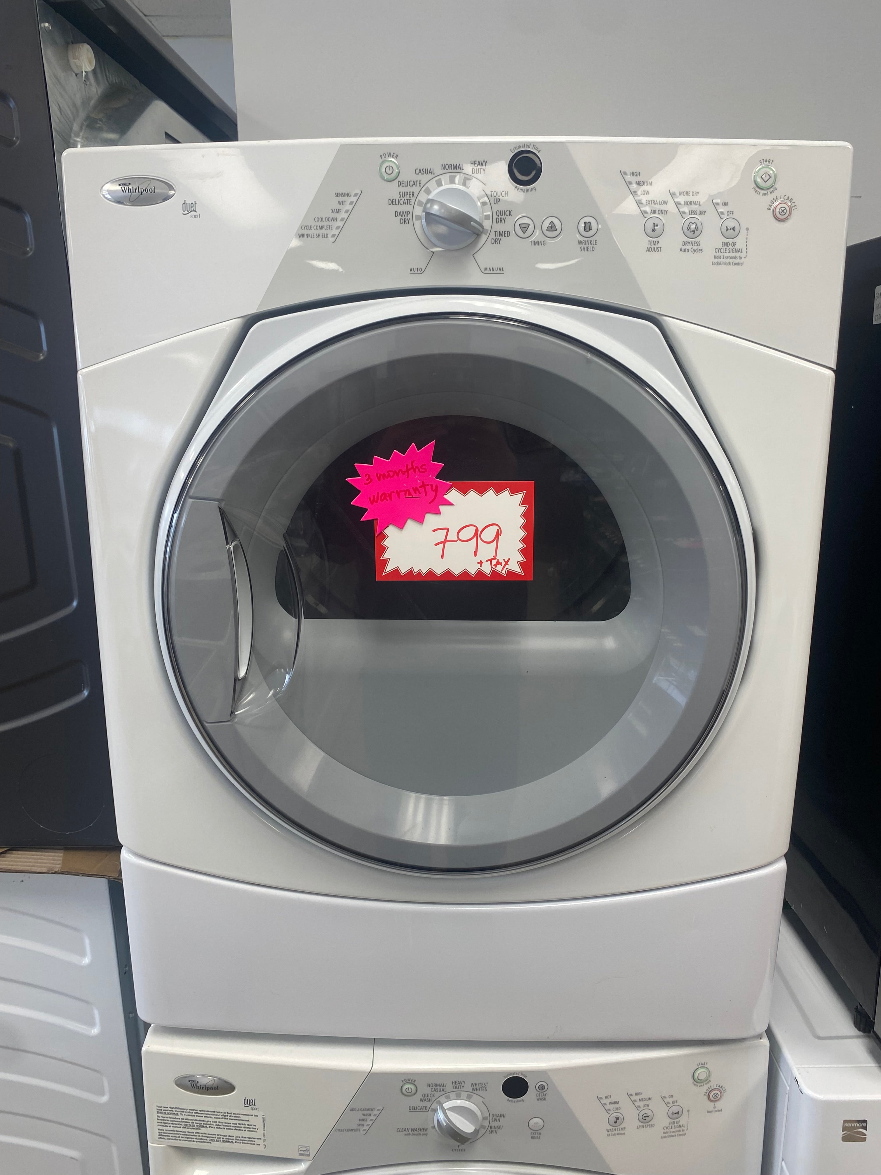 White 27" Whirlpool stackable 3.4 cuft washer and 4.6cuft dryer "refurbished"