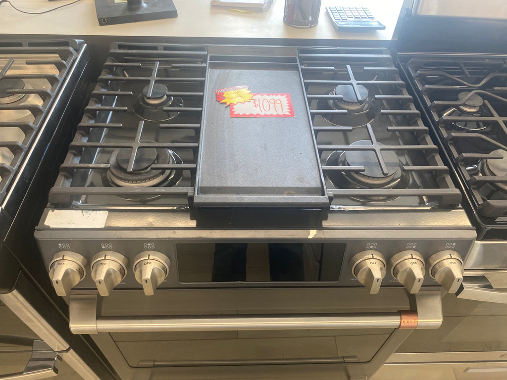 GE Cafe 30” Propane Slide in Stove, 'Scratch and Dent' matte stainless in color.
