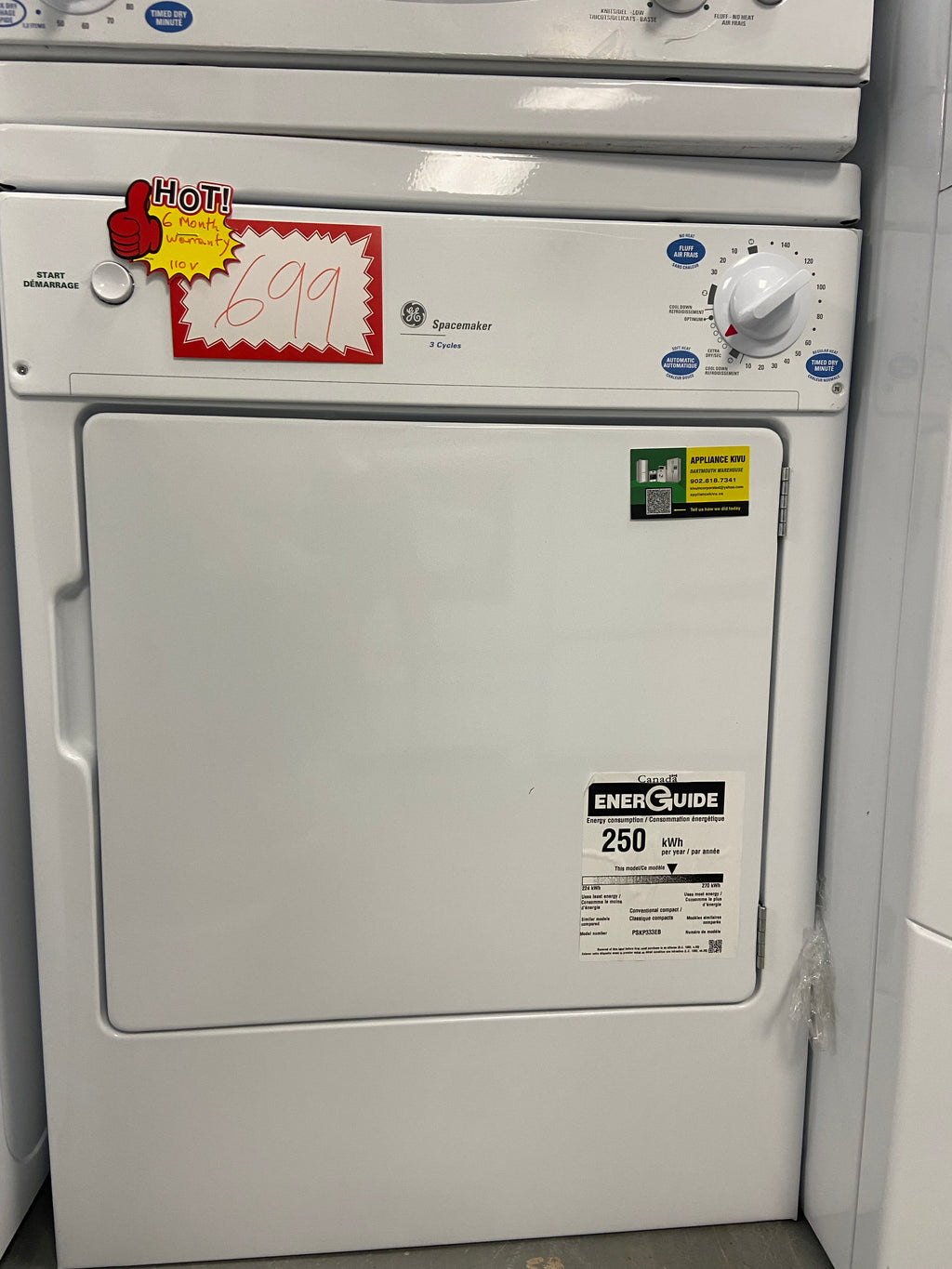 GE PSKP333EB6WW Electric Dryer, 3.6 cu. ft. Dryer Capacity, 3 Dry Cycles, 3 Temperature Settings, Vented, White colour 120 Volts
