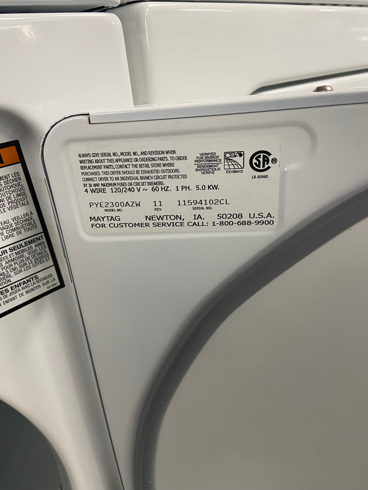 White 27” Maytag PYE2300AZW Dryer (Refurbished)