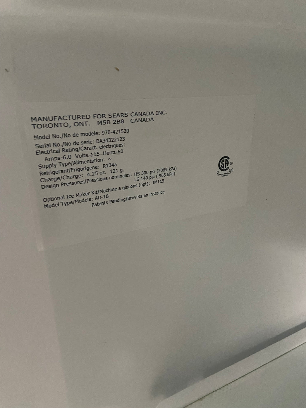 Kenmore White Used Fridge