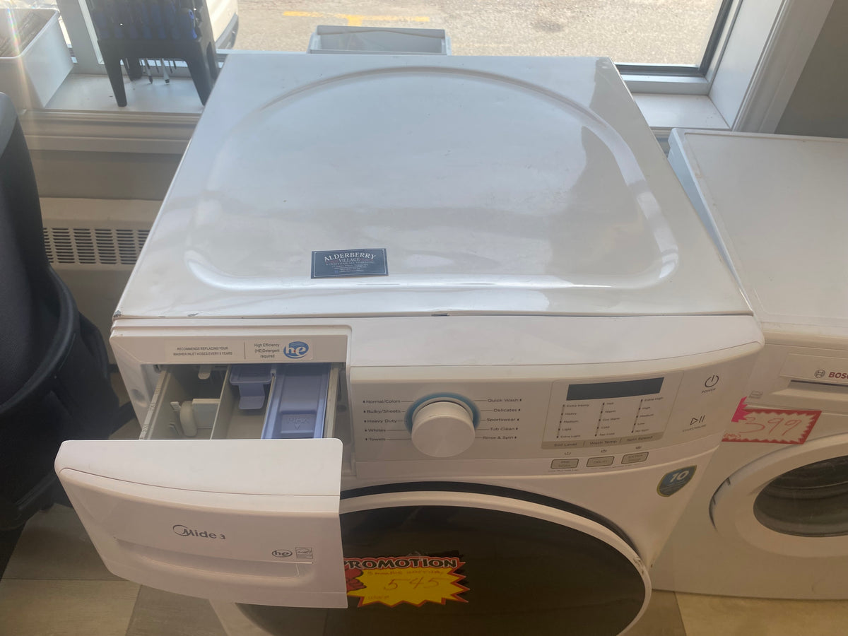 White 27" Midea Front load stackable washer, white "Refurbished"