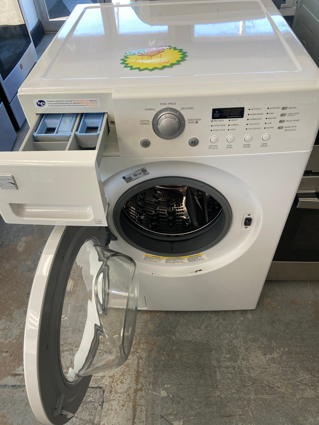 Kenmore White front load washer, he(high efficiency marked), energy star certified, “Refurbished”, 3 Months Warranty.