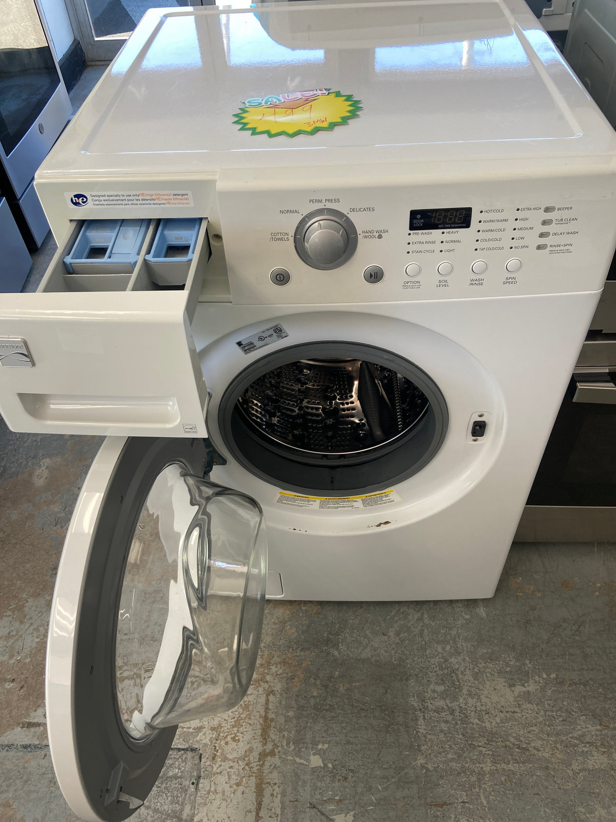 Kenmore White front load washer, he(high efficiency marked), energy star certified, “Refurbished”, 3 Months Warranty.