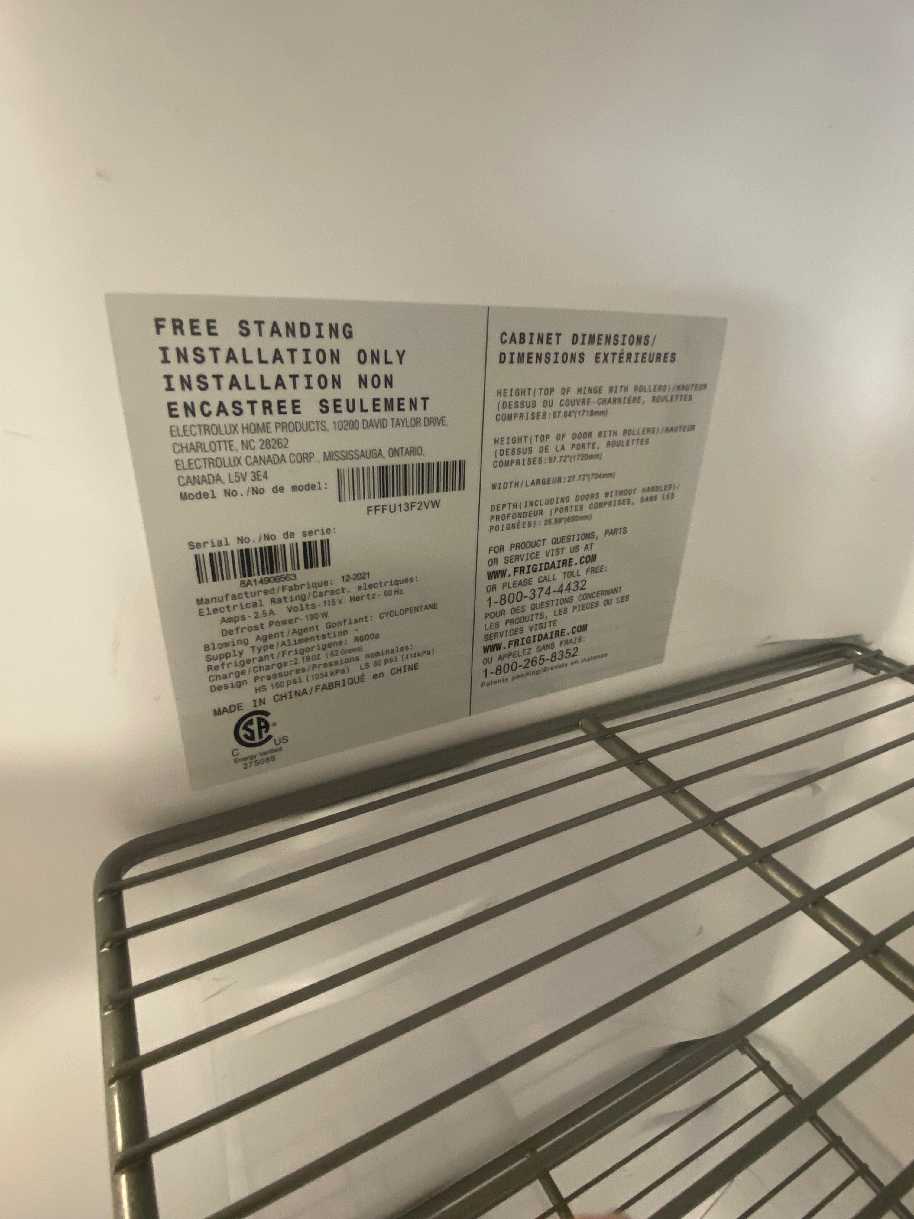 28” Frigidaire Upright/Stand Up freezer, White 'Refurbished'