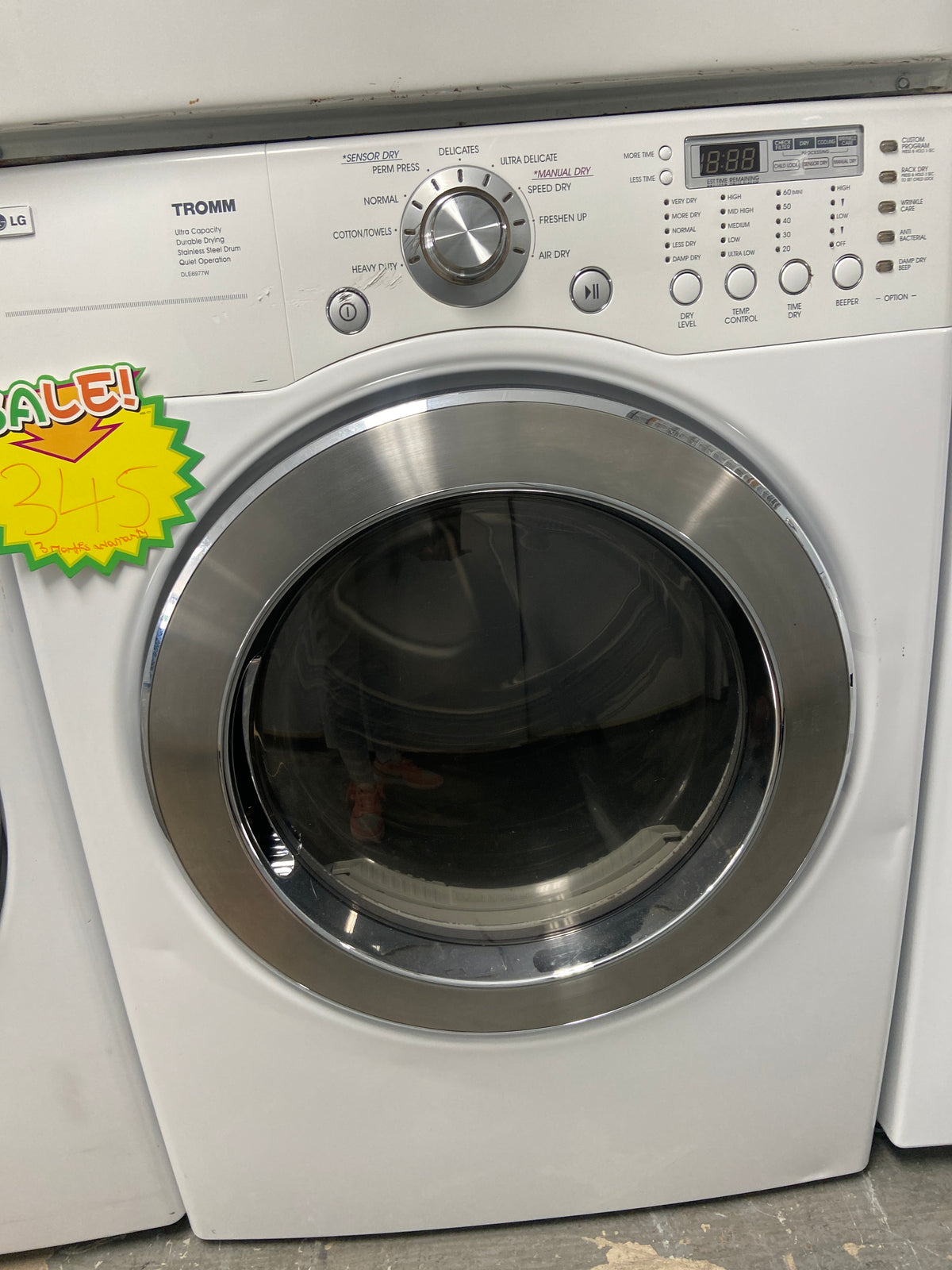 LG white dryer, sensor dry, manual dry, stainless steel drum, “Refurbished”, 3 Months warranty