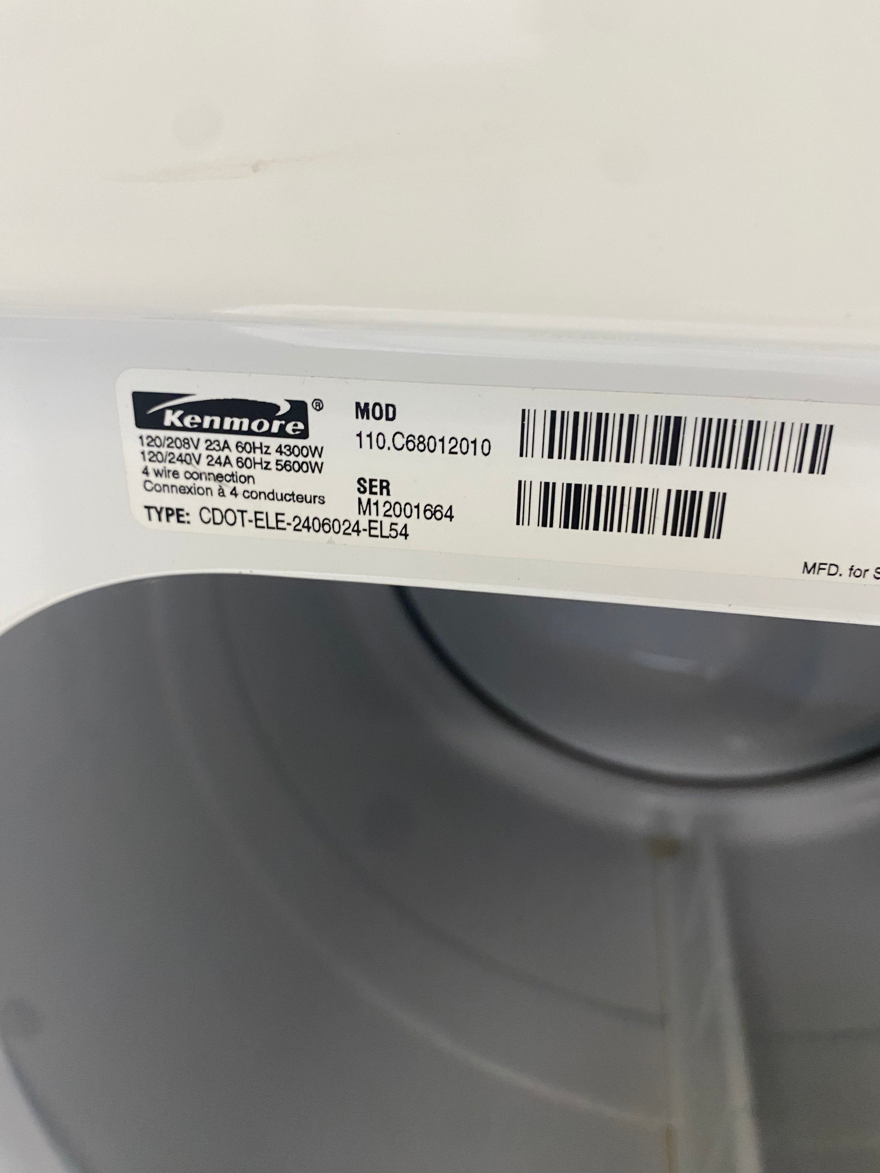 27” White Kenmore Electric Dryer with warranty