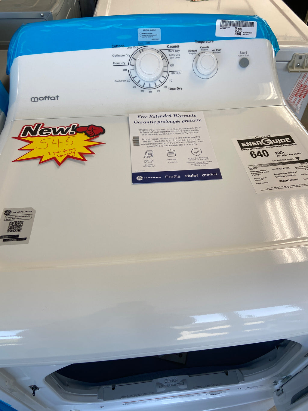 Moffat White dryer, “Brand New”, 1 year factory warranty