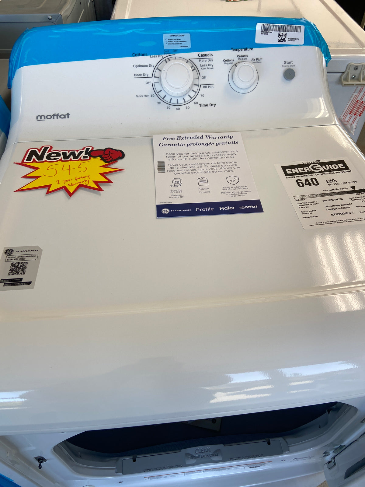 Moffat White dryer, “Brand New”, 1 year factory warranty