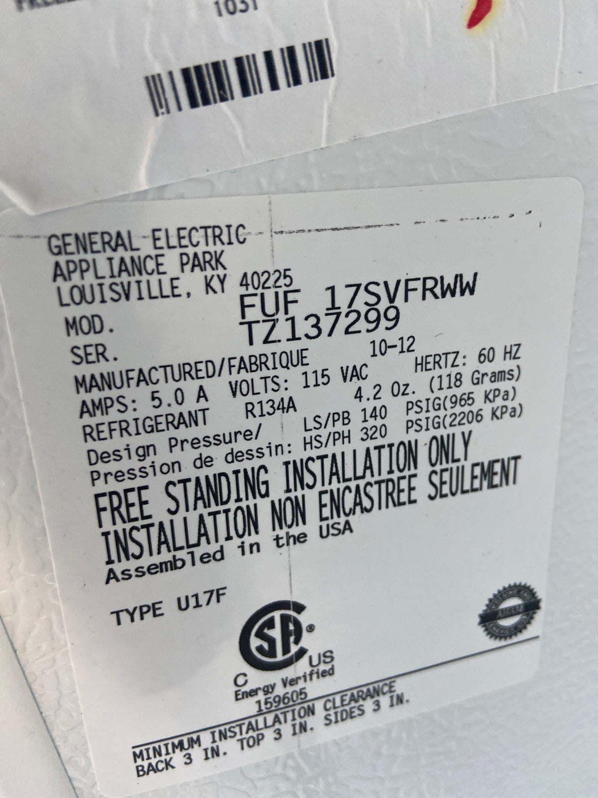 GE stand Up/Upright freezer, 16 cu.ft, FUF17SVFRWW, “Refurbished”, “3 Months Warranty”
