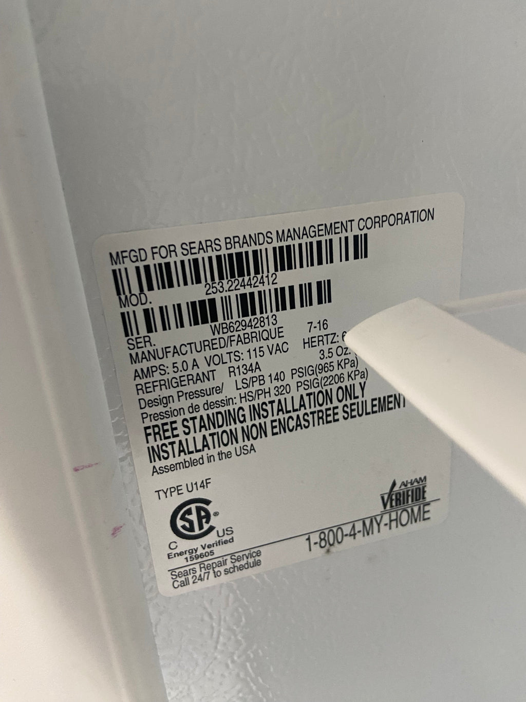 White 14cu. ft. Kenmore 253.22442412 Upright Freezer (Refurbished)