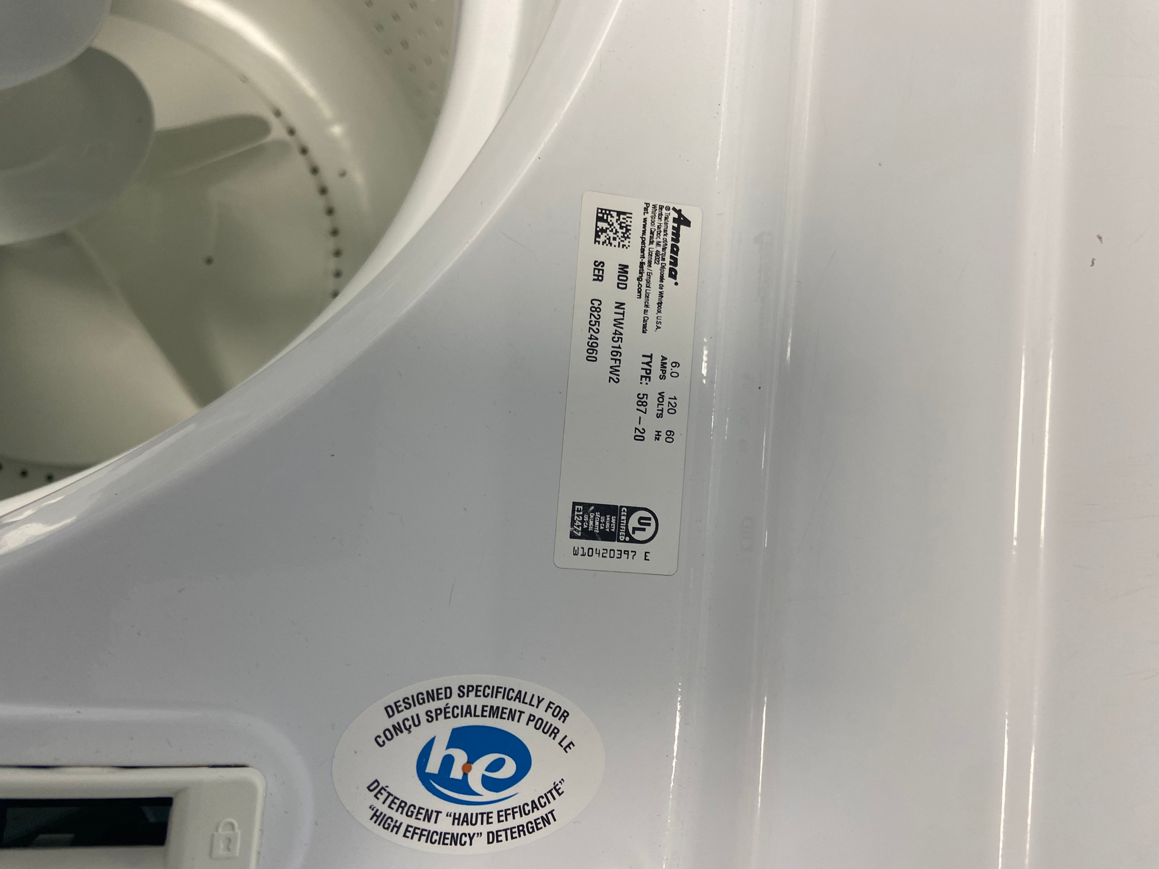 White 27” Amana NTW4516FW2 Top Load Washer(Used)