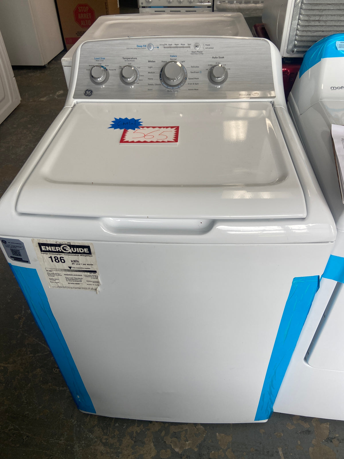 GE white top load washer, he(high efficiency marked), deep fill, up to super large capacity for loading, “Open Box”, 6 Months Warranty.