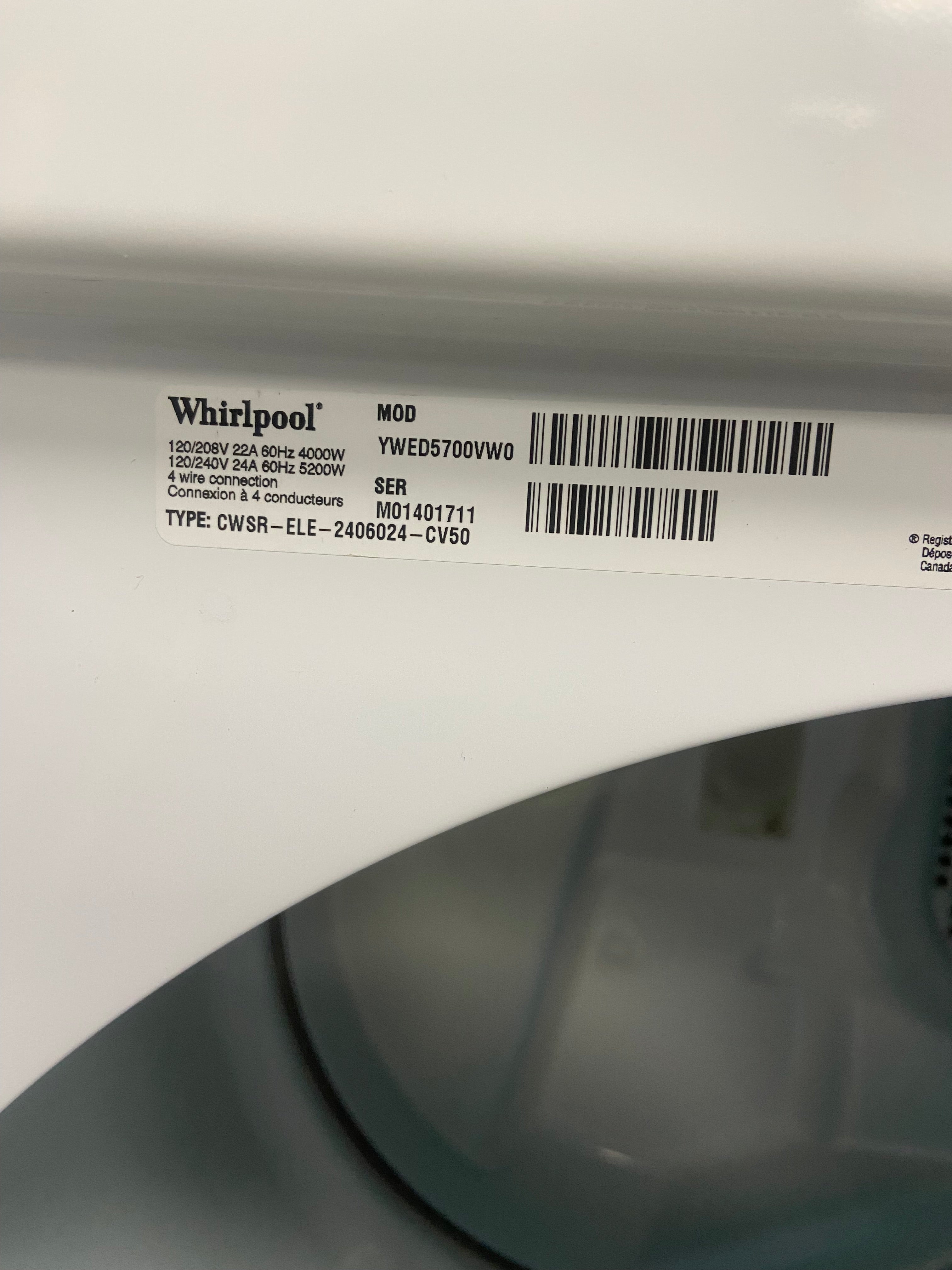 White 27” Whirlpool YWED5700VW0 Dryer (Refurbished)
