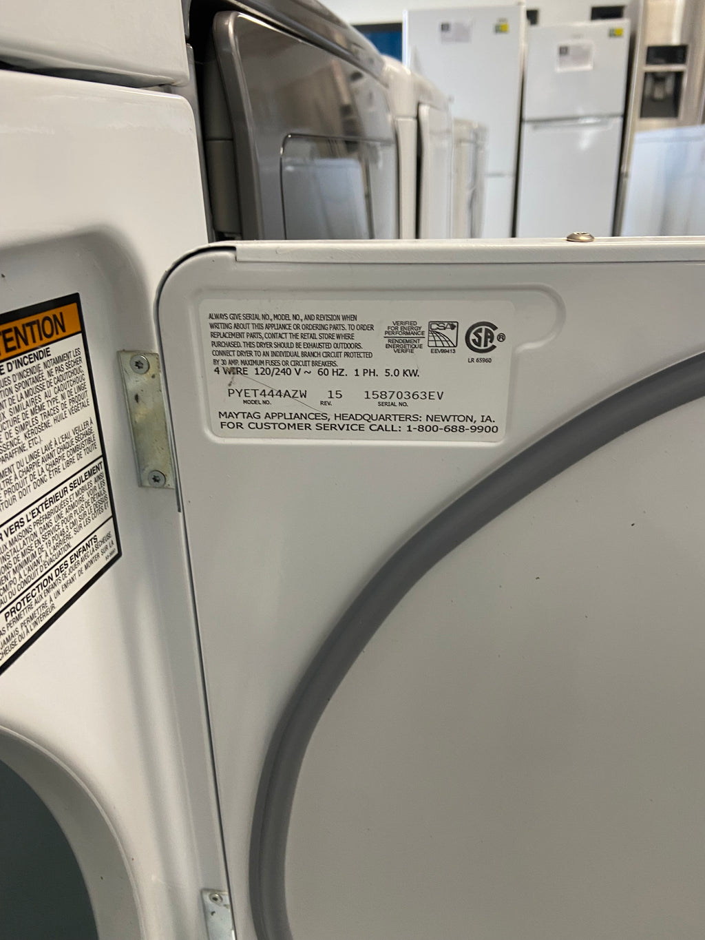 White 27” Maytag PYET444AZW Dryer with warranty