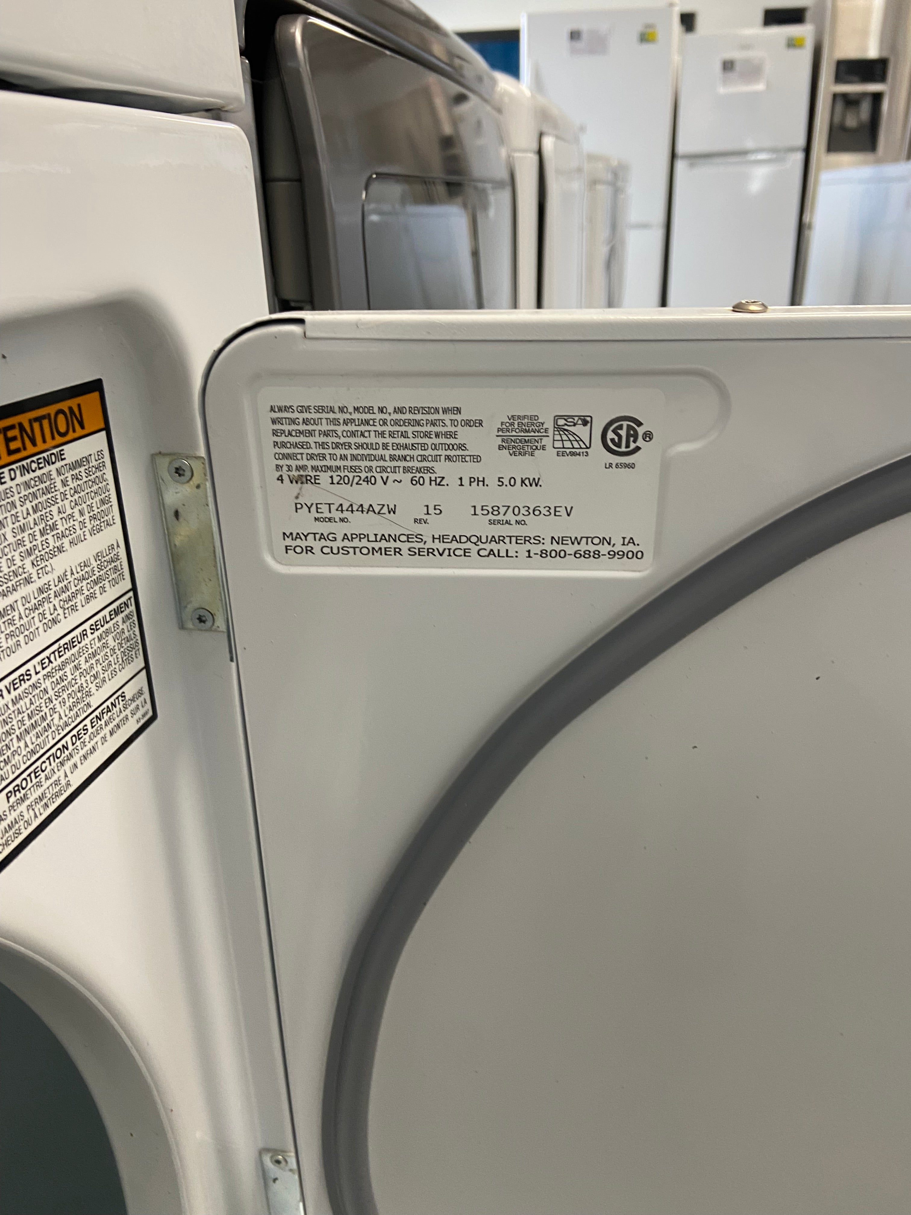 White 27” Maytag PYET444AZW Dryer with warranty