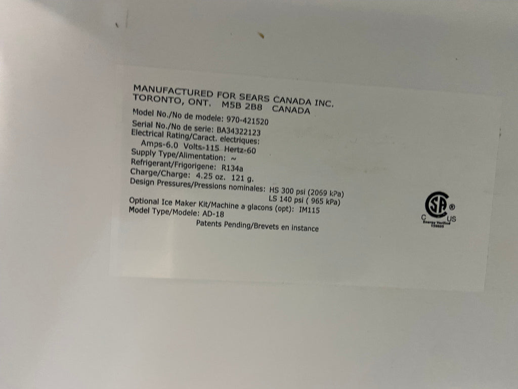 30” White Kenmore 970-421520 Refrigerator with warranty