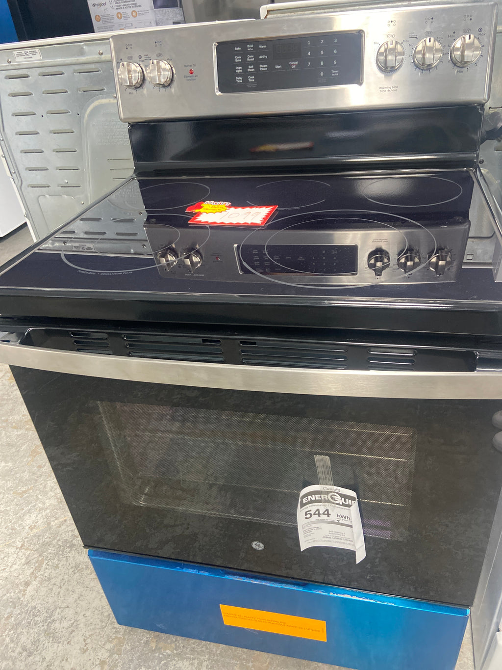 GE glass top stove, “Open Box”,  JCB840ST3SS , 5 burners including the warming zone burner, 6 Months Warranty