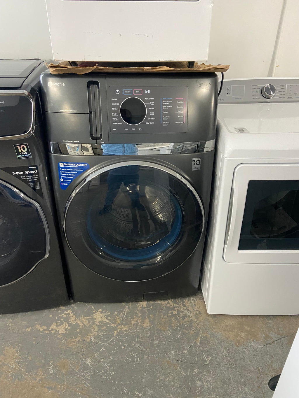 GE Profile PFQ97HSPV0DS All-in-One Washer Dryer Combo Electric Dryer, 28 inch Width, 5.5 cu. ft. Dryer Capacity, 5.5 cu. ft. Washer Capacity, 14 Dry Cycles, Steam Clean, 5 Temperature Settings, 12 Wash Cycles, 1,300 RPM Washer Spin Speed, Water Heater