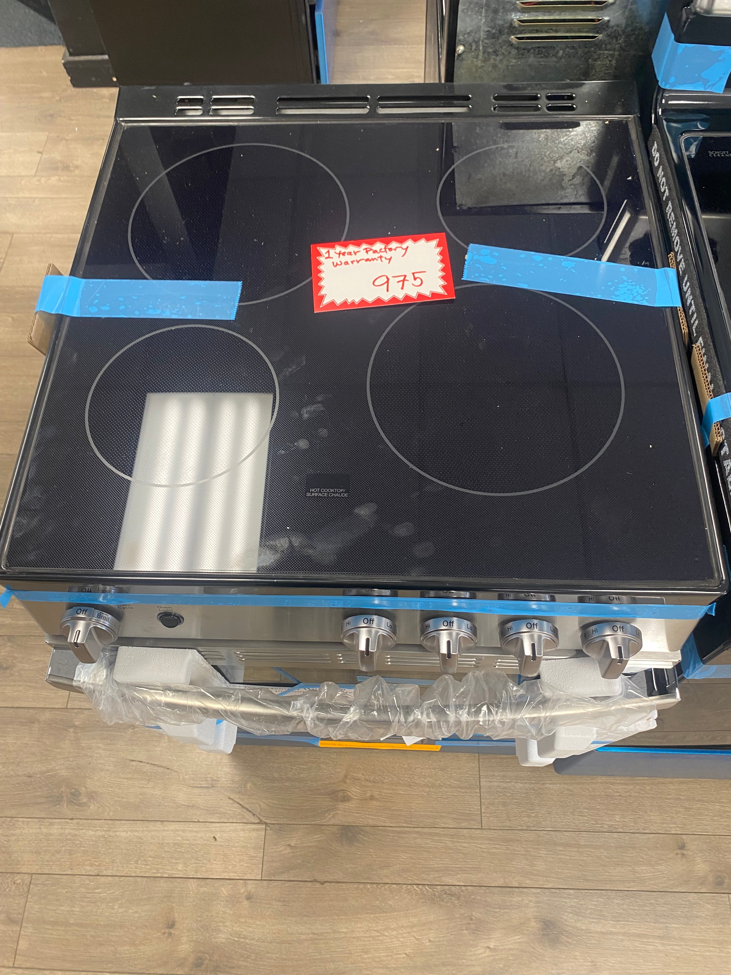 GE JCAS640RM4SS Electric Range, 2.9 cu. ft. Capacity, 24 inch Exterior Width, 4 Burners, Storage Drawer, Steam Clean "Factory certified"