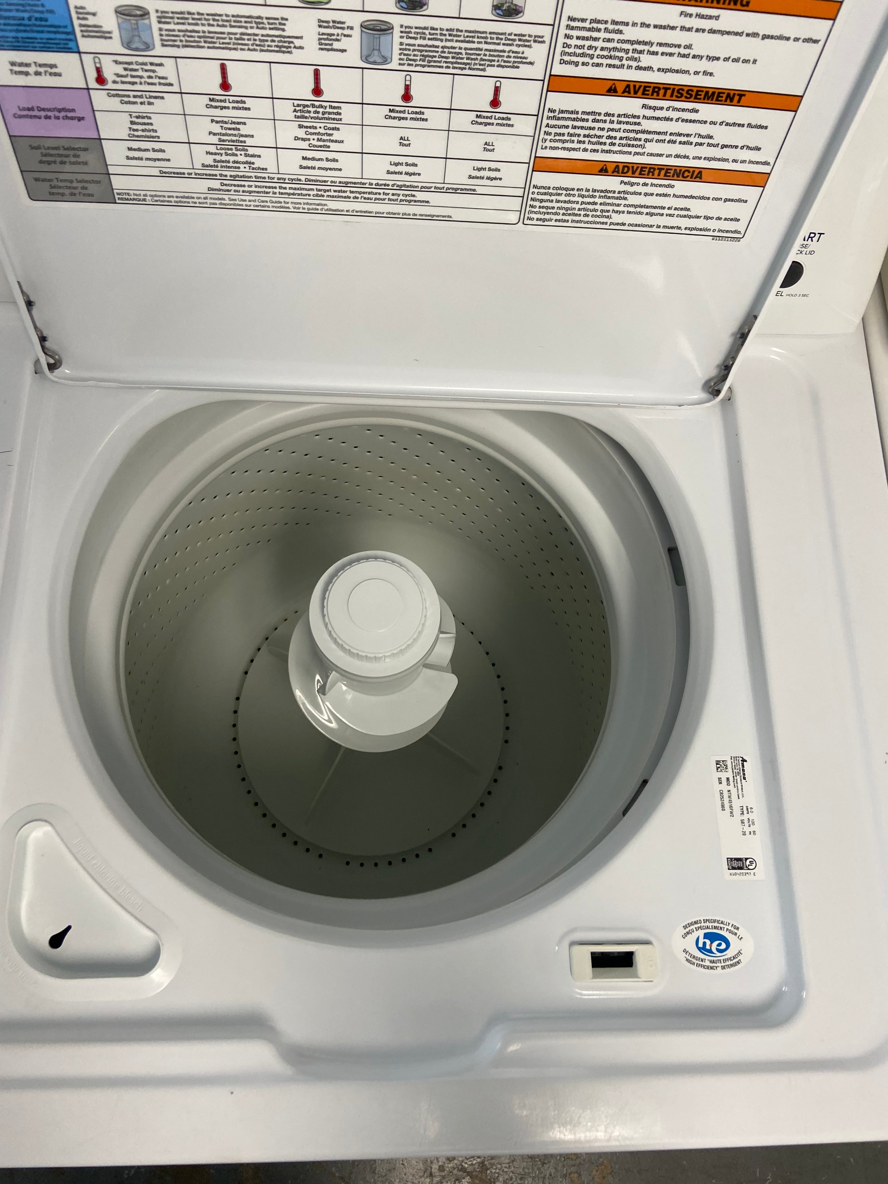 White 27 inch Amana Top Load Washer, with an Agitator, NTW4516FW2 "Refurbished"