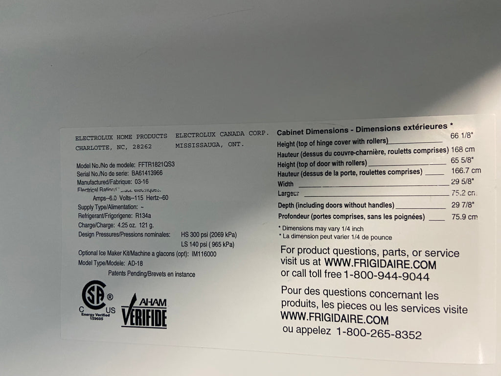 Stainless 30” Frigidaire FFTR1821QS3 Fridge (Refurbished)