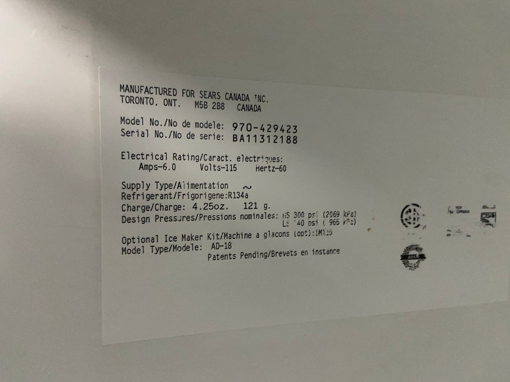 White 30” Kenmore 970-429423 Fridge (Refurbished)