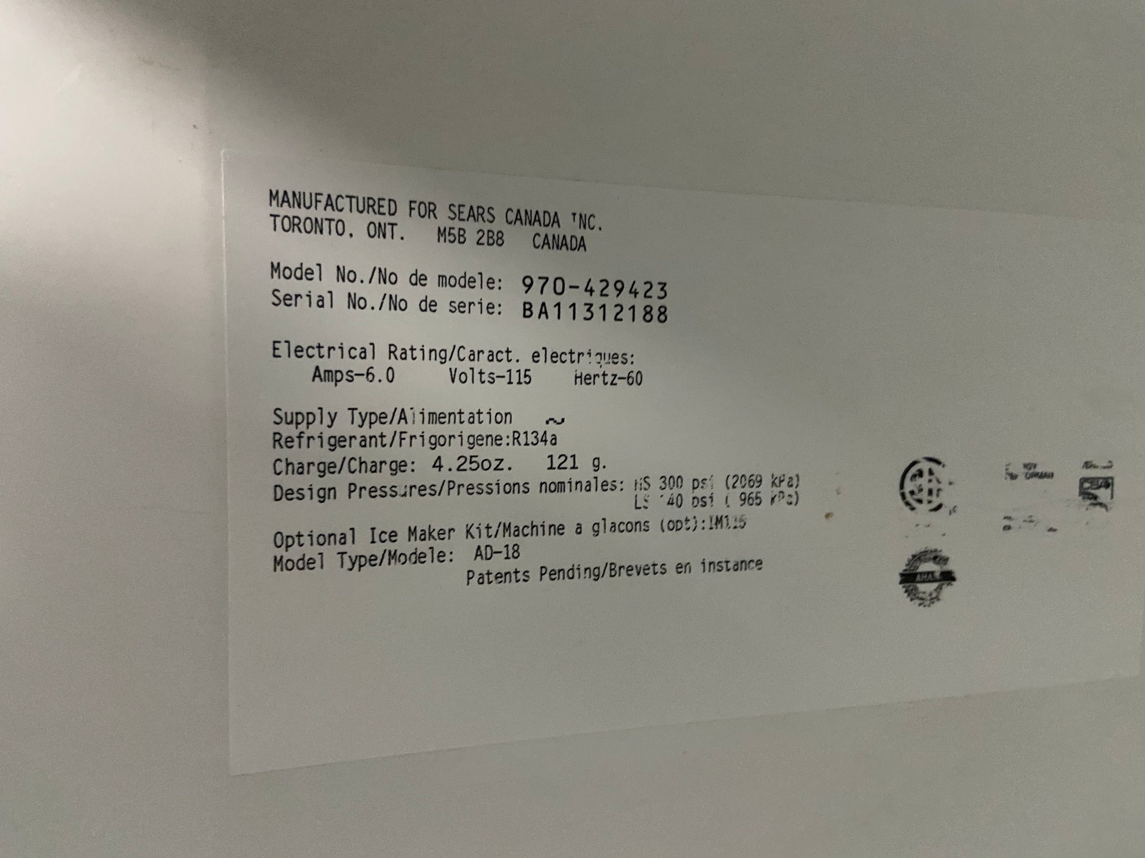 White 30” Kenmore 970-429423 Fridge (Refurbished)
