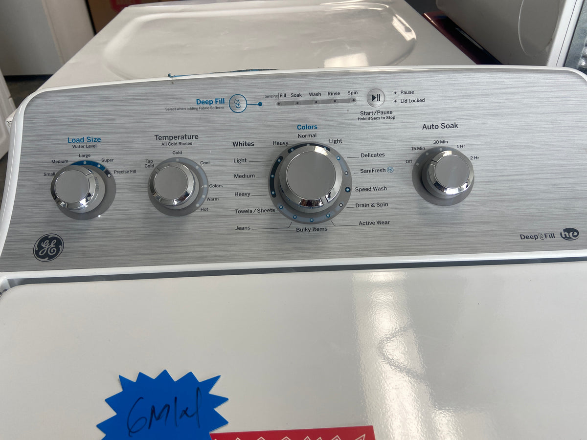 GE white top load washer, he(high efficiency marked), deep fill, up to super large capacity for loading, “Open Box”, 6 Months Warranty.