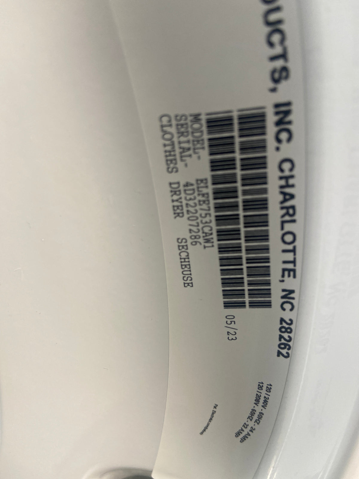 Electrolux white dryer,  EIED75CSBM1, “Open Box”, 6 Months Warranty